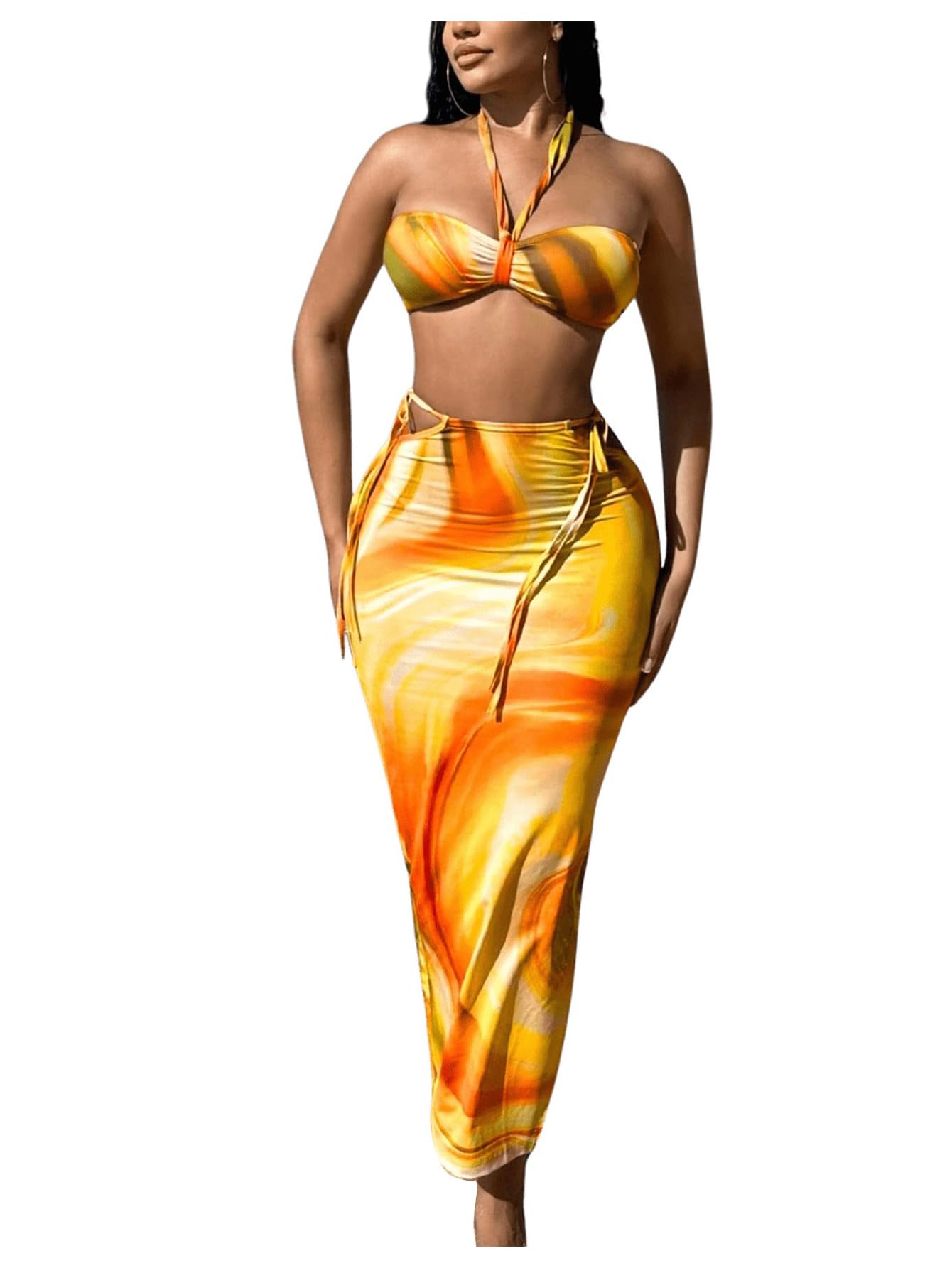 Stylish Women's 2 Piece Outfit Set - Marble Print Tie Back Crop Halter Top & High Slit Maxi Skirt | Summer Beachwear, Party Dress, Boho Chic Fashion