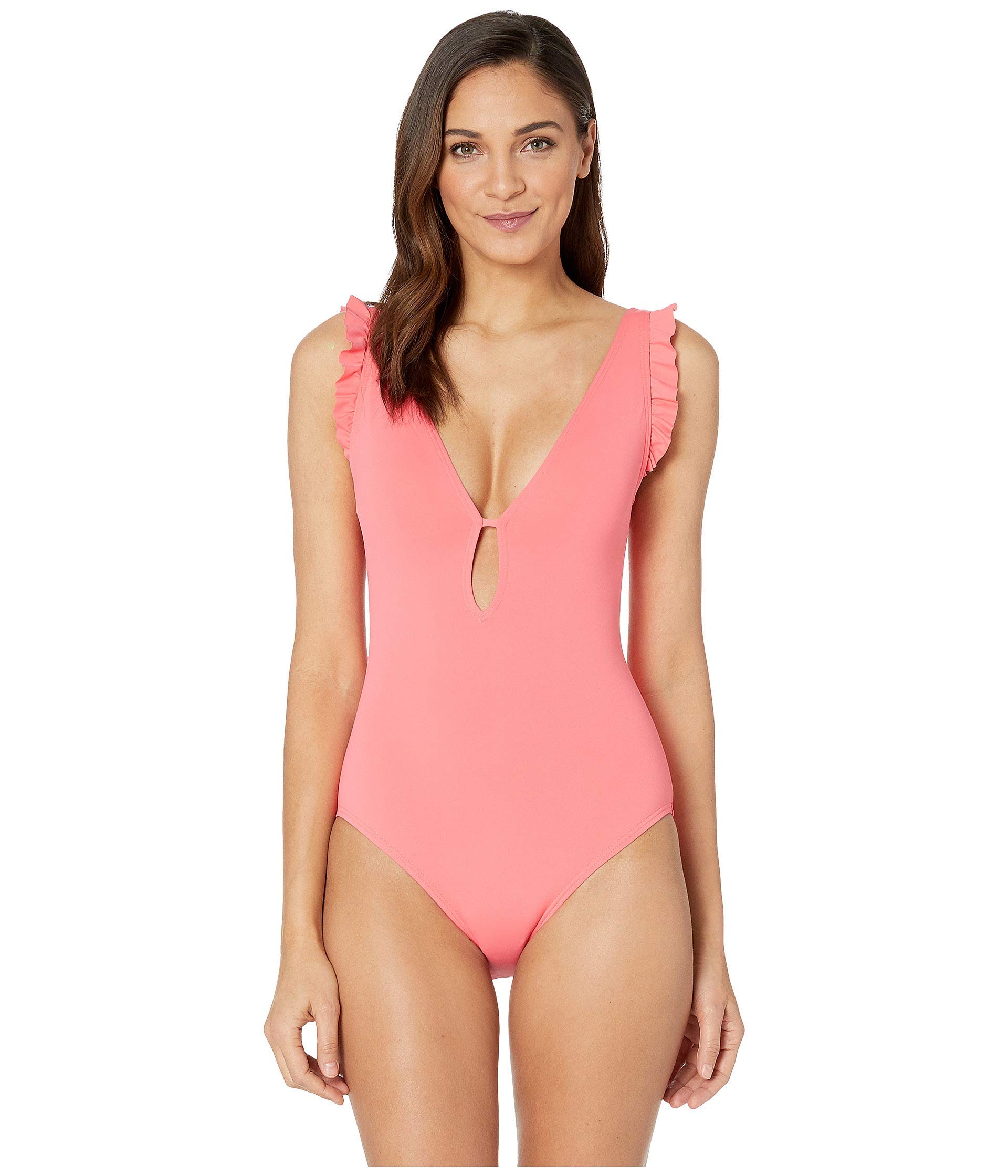 Kate Spade New York Women's Ruffle Sleeve Plunge One-Piece Swimsuit - Sexy V-Neck Bathing Suit for Beach, Pool & Vacation