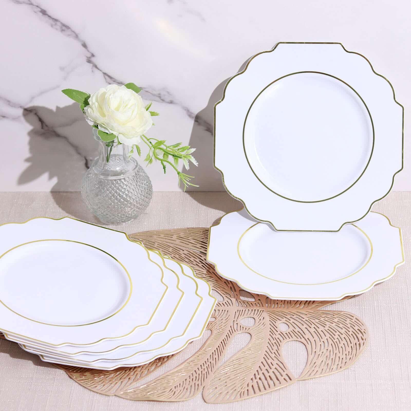 Efavormart 10 Pack 8 Inch White Plastic Dessert Plates - Disposable Gold Rim Baroque Style Salad Plates for Parties, Weddings & Elegant Events