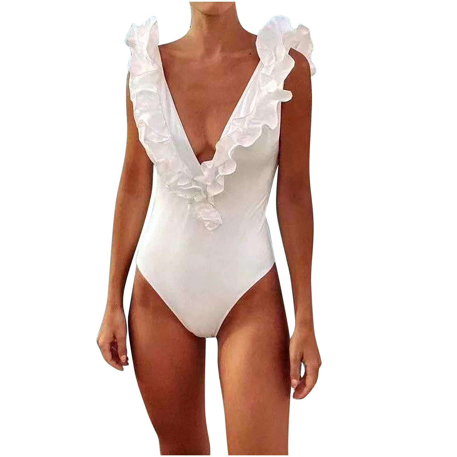 InKach Women's Sexy White One Piece Swimsuit - Ruffle Deep V Neck Monokini Bathing Suit | Perfect for Beach Vacation, Pool Party & Summer Getaway