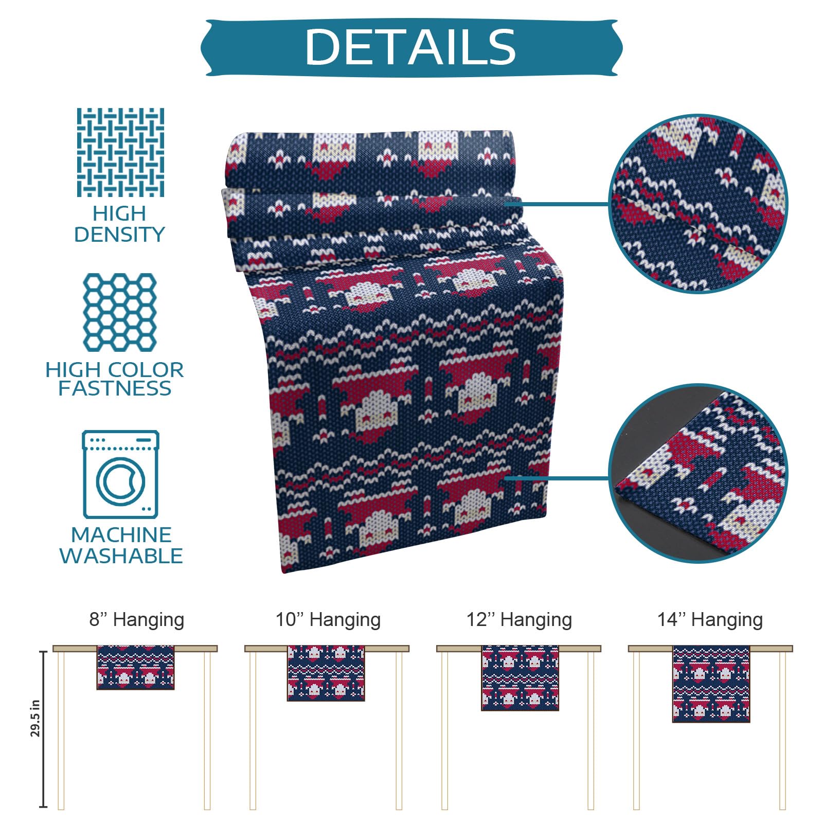 Santa Claus Blue Black Christmas Table Runner 13x72 Inches - Washable Cotton Linen for Kitchen, Coffee Table & Dining Room - Perfect for Xmas Holiday Party Decor & Winter Home Decoration
