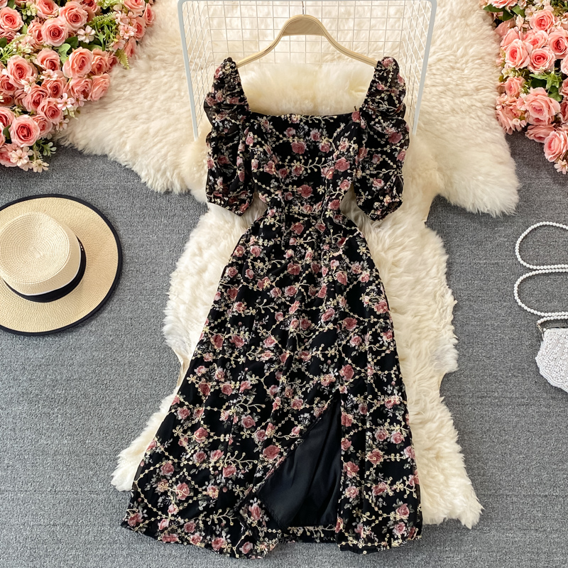 French Retro Sweet Floral Chiffon Dress - Square Neck Summer Dress for Women | Perfect for Garden Parties, Date Nights & Vacation Outfits