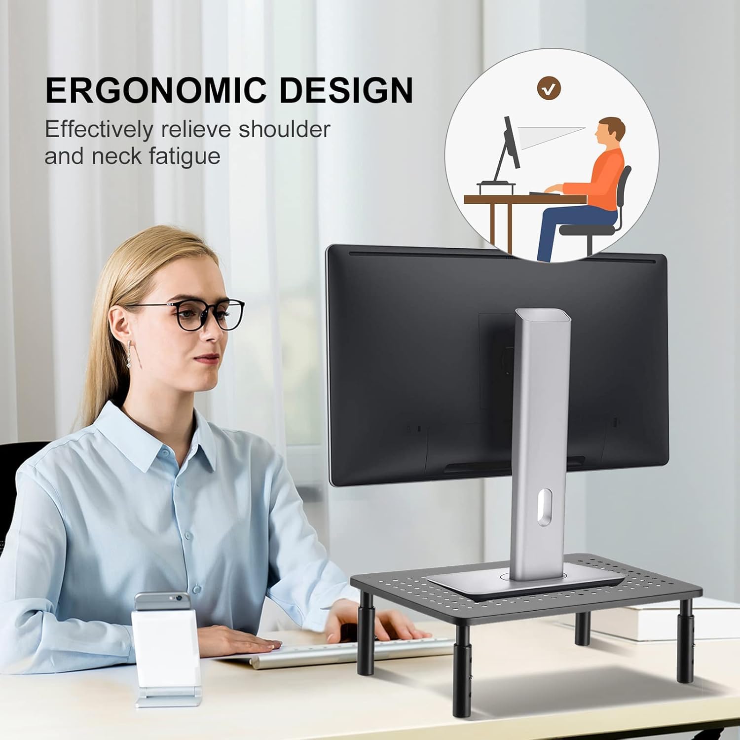 Suptek Adjustable Monitor Stand Riser - Ergonomic Vented Metal Platform for Computer, Laptop, Printer & Flat Screen Displays - 3 Height Settings with Under Desk Storage - Perfect for Home Office & Workspace Organization (MST003)
