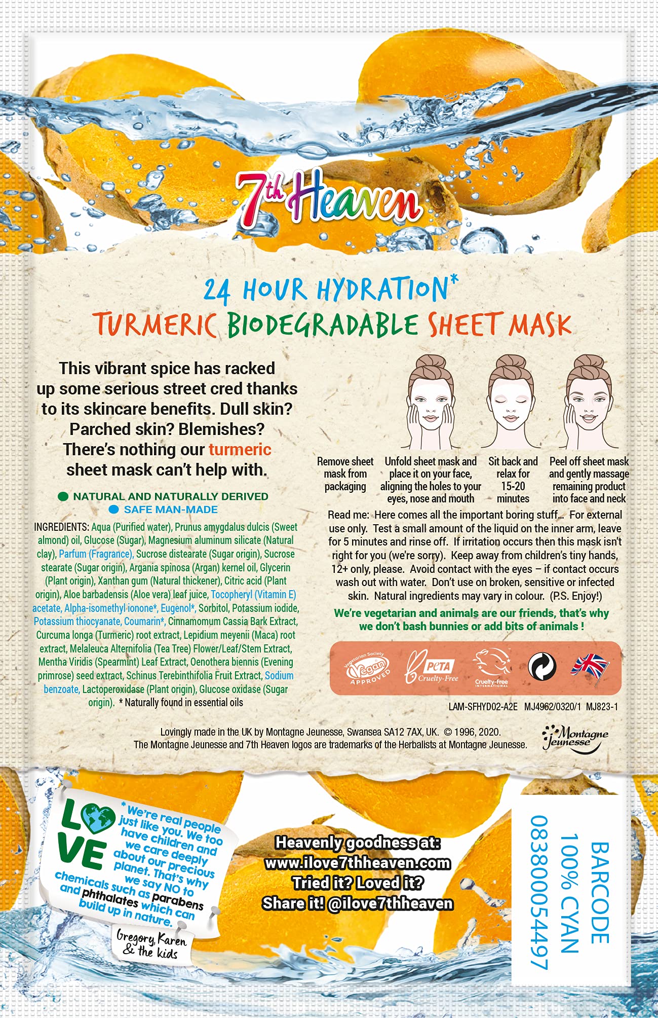 7th Heaven Superfood Intense Hydration Turmeric Biodegradable Bamboo Sheet Mask 24g - Cruelty-Free Vegan Face Mask with Aloe Vera for Soothing & Glowing Skin | Pack of 1 | Perfect for Spa Nights, Self-Care Routines & Post-Sun Skin Recovery