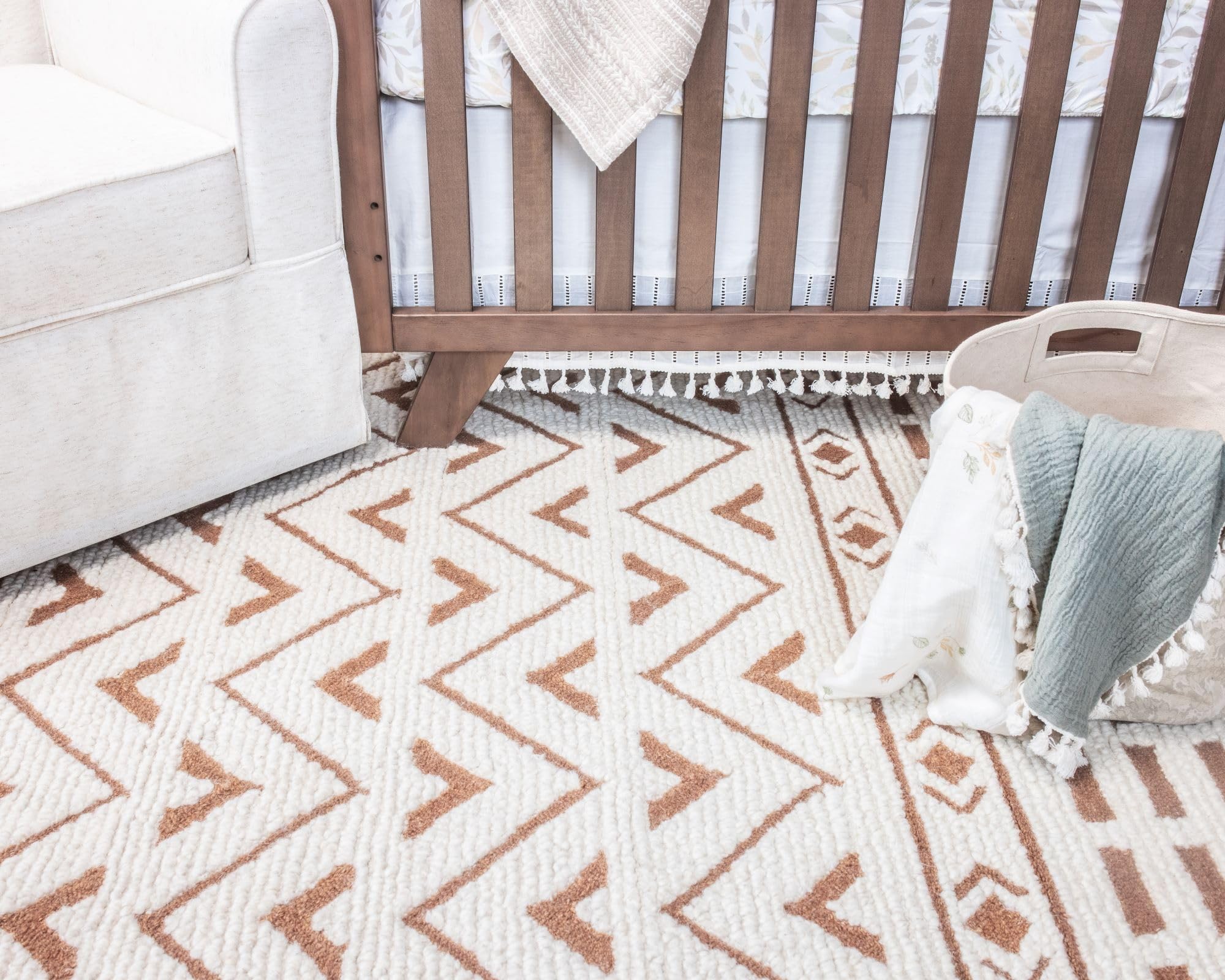Boho Style Crane Baby Nursery Décor - 5' x 7' Wool Floor Rug for Boys and Girls in Cream & Brown - Perfect for Nursery, Kids Room, and Playroom Decor