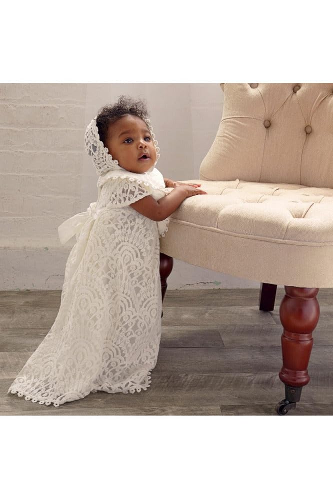 Elegant Baby Girl Lace Christening Gown with Matching Bonnet - Perfect for Baptism, Christening & Special Occasions