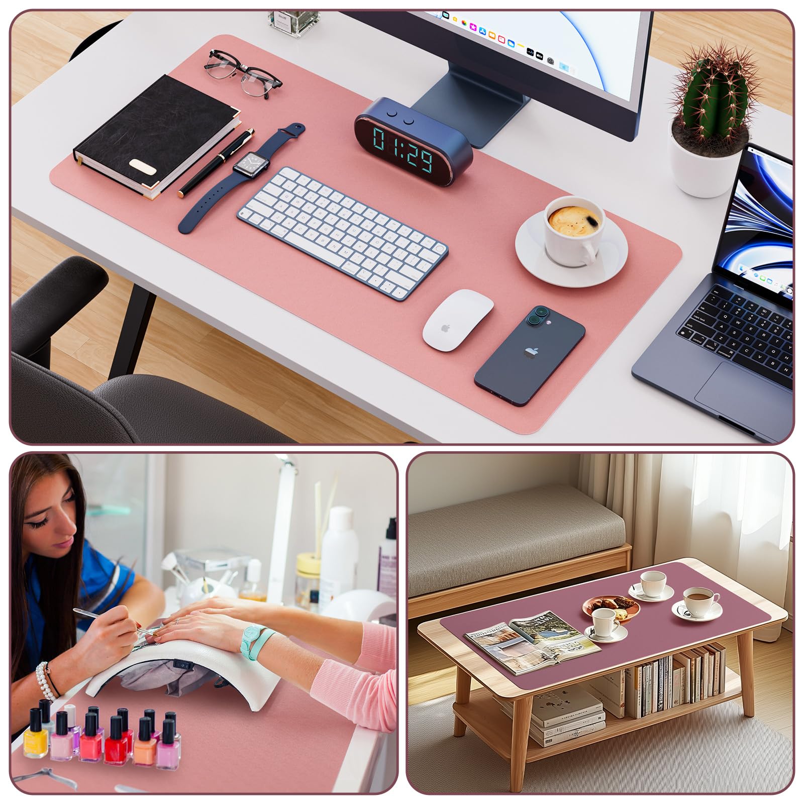 Noverlife Large Leather Makeup Table Mat - 31.5x15.7 Inch Vanity Desk Cover, Easy Clean Counter Protector for Laptop, Writing & Crafts | Waterproof Desk Pad for Home & Office (Pink & Purple) | Perfect for Beauty Stations, Work Desks & Creative Spaces