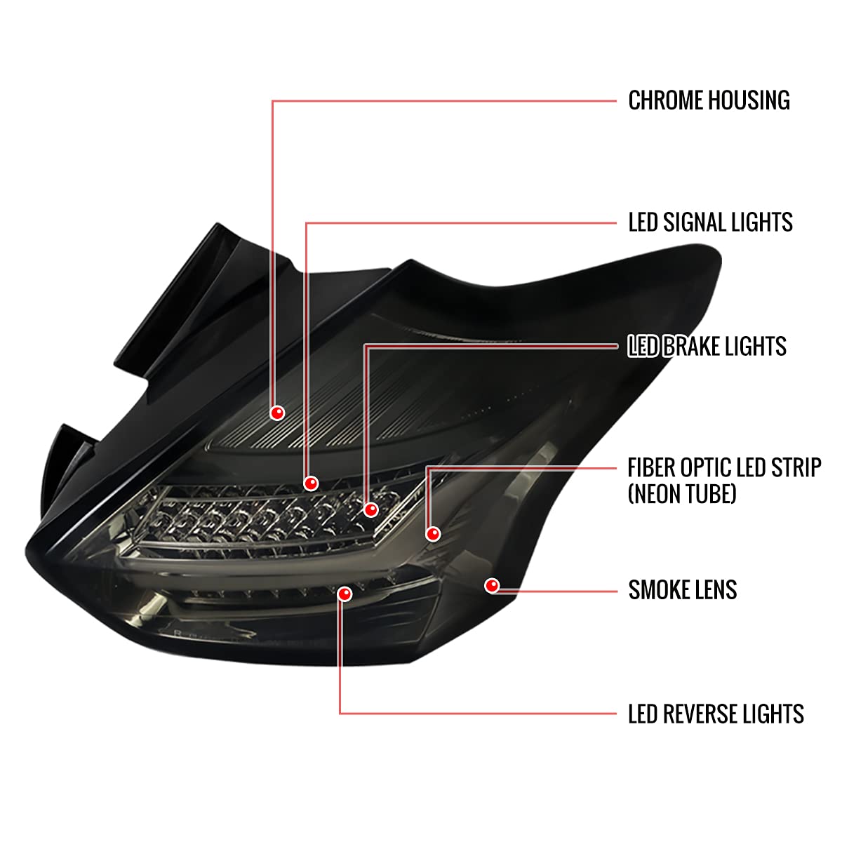 Ford Focus Hatchback LED Tail Lights (2015-2018) - Chrome Smoke Brake Lamps Pair - Durable & Bright Rear Lights for Night Driving & Enhanced Safety
