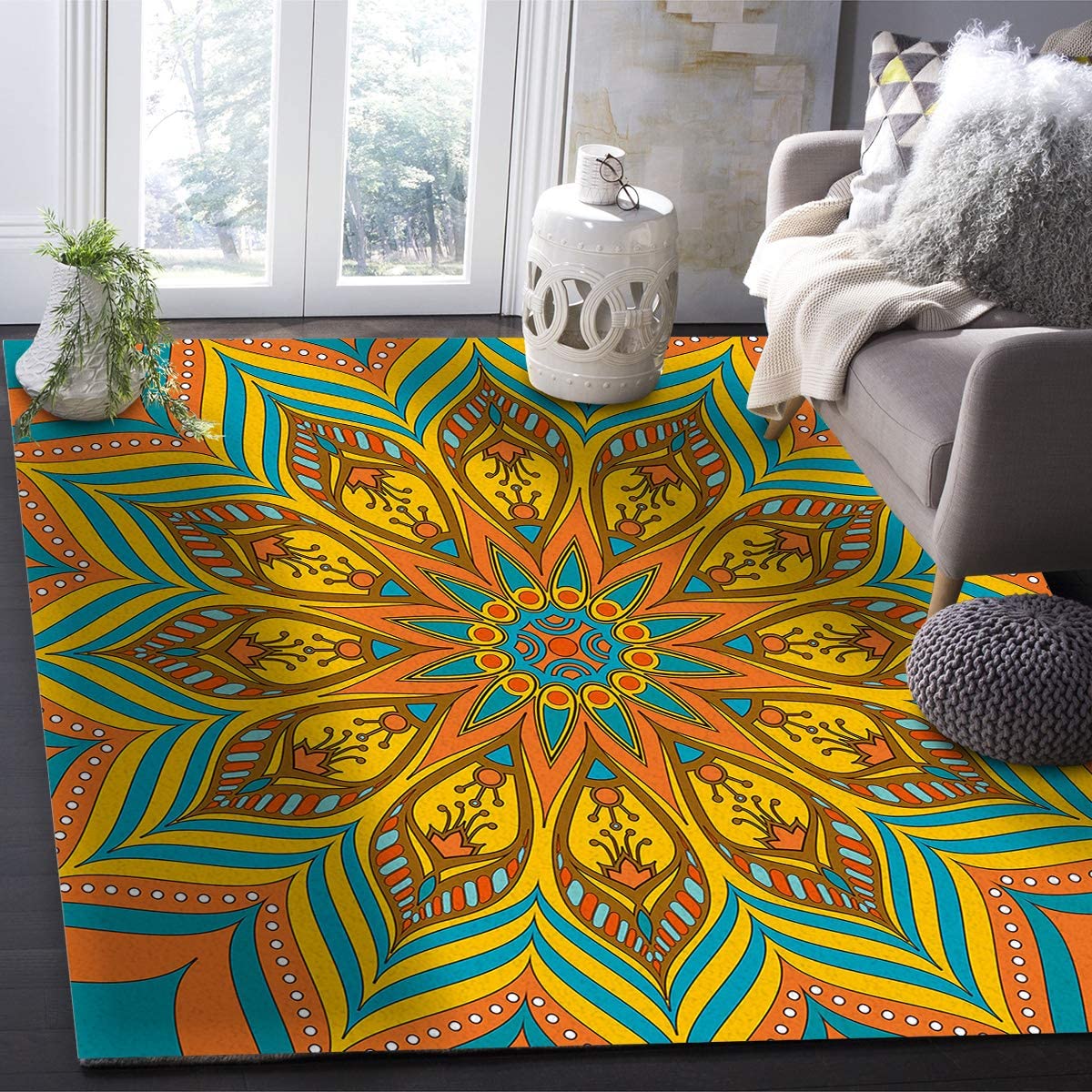 Bohemian Mandala Flower Area Rug - Non-Slip Washable 6x4ft Ethnic Floor Carpet for Living Room, Bedroom, Kitchen | Perfect for Home Decor, Yoga Space & Boho Chic Interiors