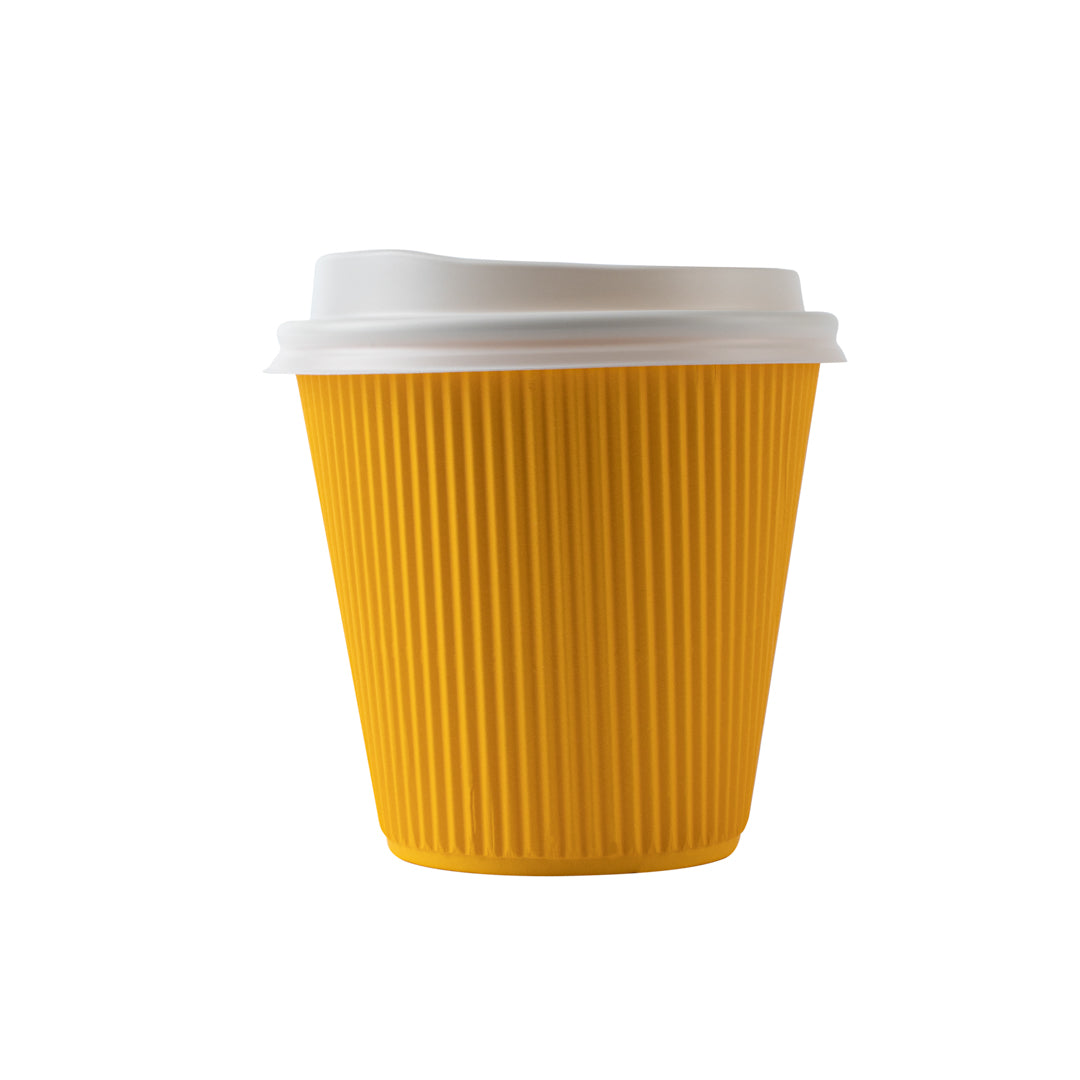 8 oz Yellow Paper Ripple Wall Coffee Cups with White Lids - 20 Count Box (3.5