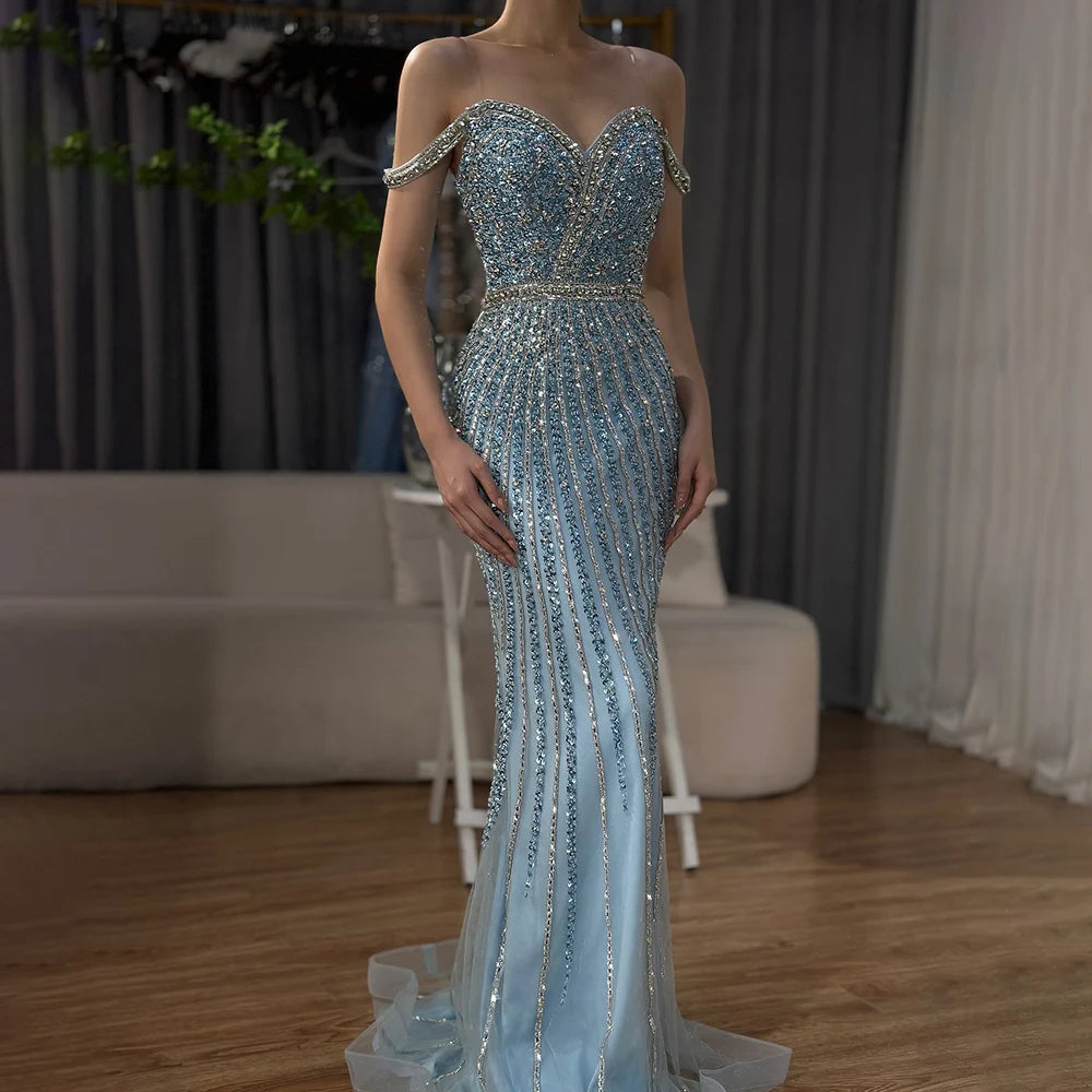 Elegant Dubai Blue Beaded Mermaid Prom Dress - Luxury Saudi Evening Gown for Formal Events & Special Occasions | Perfect for Weddings, Galas, and Red Carpet Events