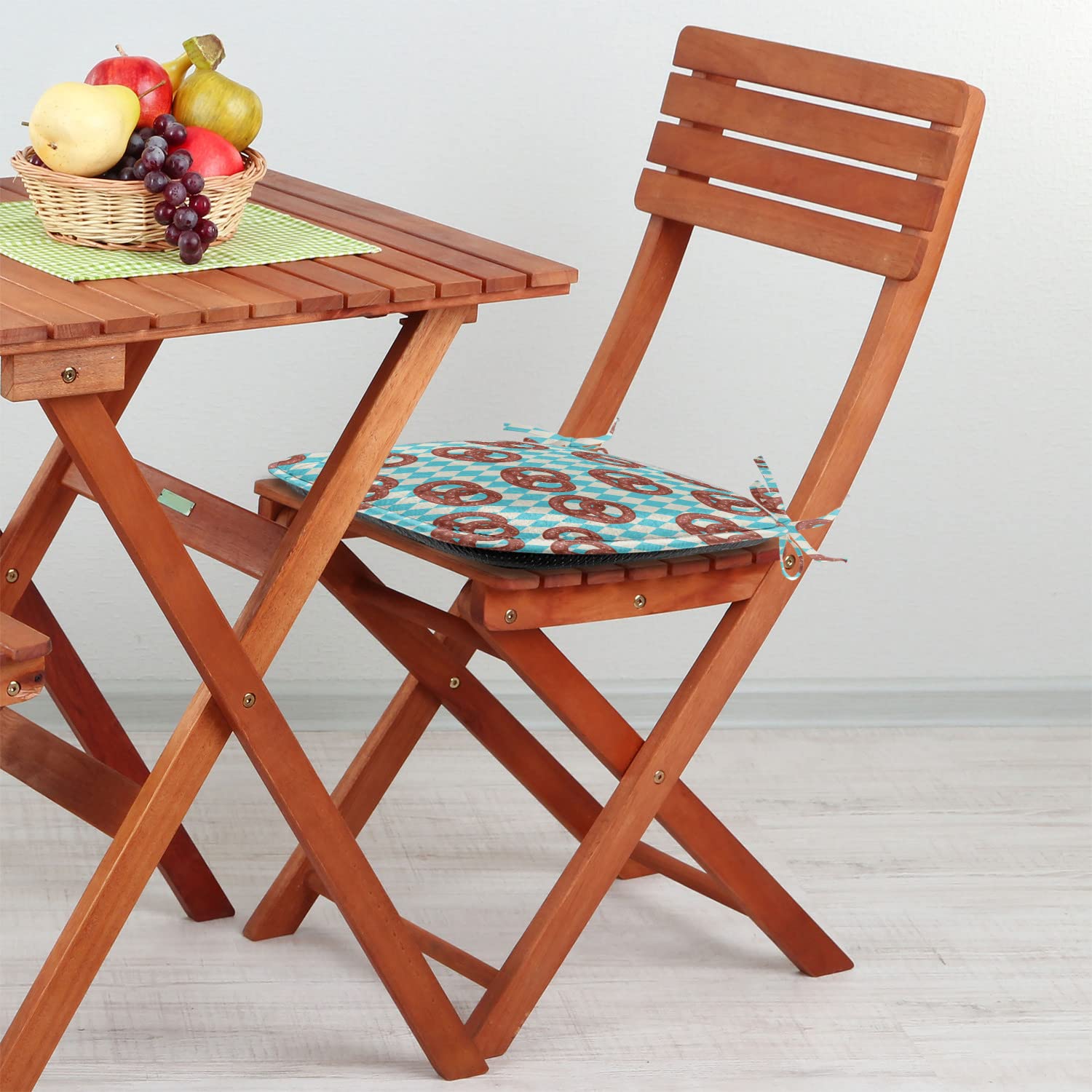 Lunarable Oktoberfest Chair Cushion Set of 12 - Diamond Pattern Pretzel Design German Country Snack Theme - Non-Slip Kitchen & Patio Seat Pads 16x16 Inches in Sky Blue Ivory Redwood - Perfect for Beer Festivals, Outdoor Dining & Bavarian Decor