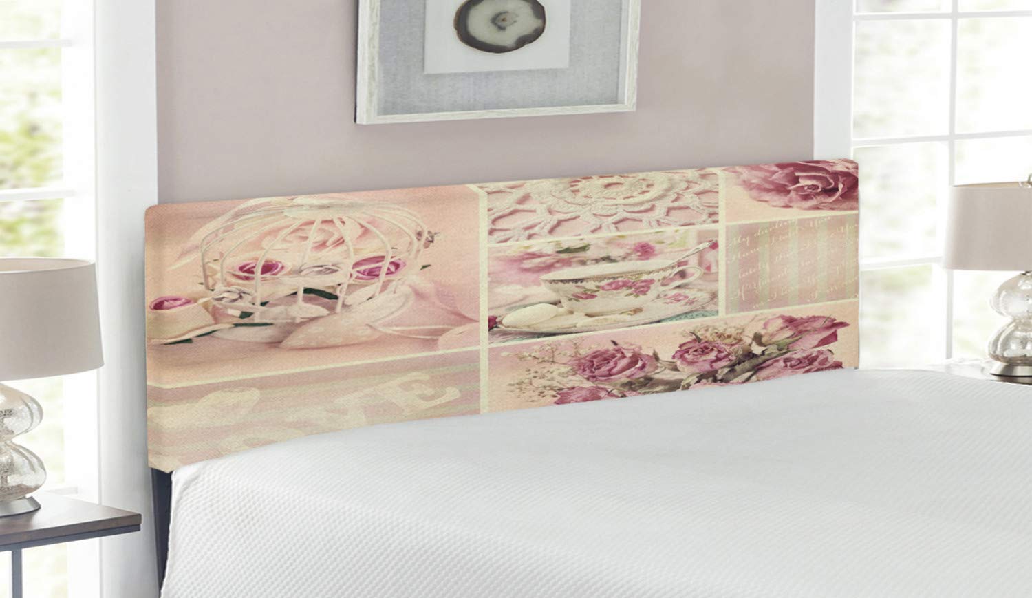 Ambesonne Vintage Floral Upholstered Headboard - Queen Size Shabby Chic Lace Design with Memory Foam - Pale Pink & White Decorative Metal Bed Frame - Perfect for Bedroom Decor, Mother's Day Gifts & Cottage Style Homes