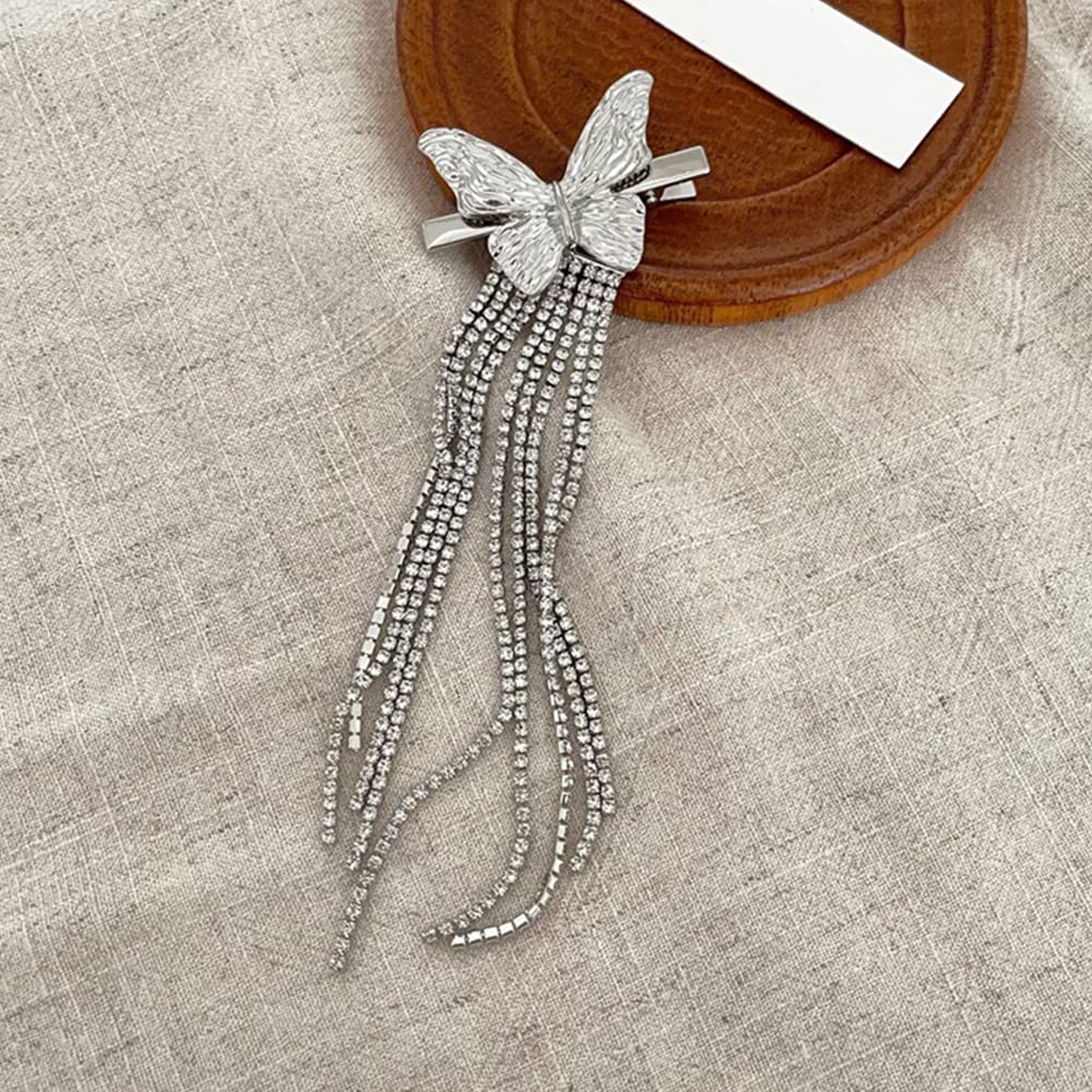 2 Pcs Rhinestone Butterfly Hair Clips - Sparkly Duckbill Hair Clips for Women & Girls, Fashionable Tassel Side Clips for Bangs & Hair Styling, Perfect for Parties, Weddings & Daily Wear