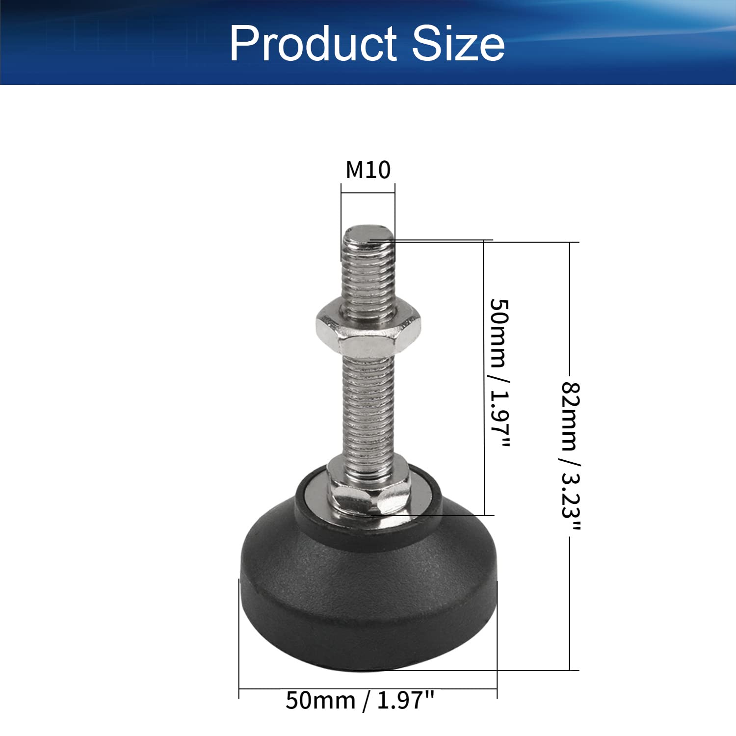 Yinpecly M10x50mm Threaded Plastic & Metal Furniture Levelers - Adjustable Table Chair Leg Feet for Cabinets, Shelves, Beach Chairs (Black/Silver, 4PCS) - Perfect for Home Office, Outdoor Furniture & Uneven Floor Stabilization