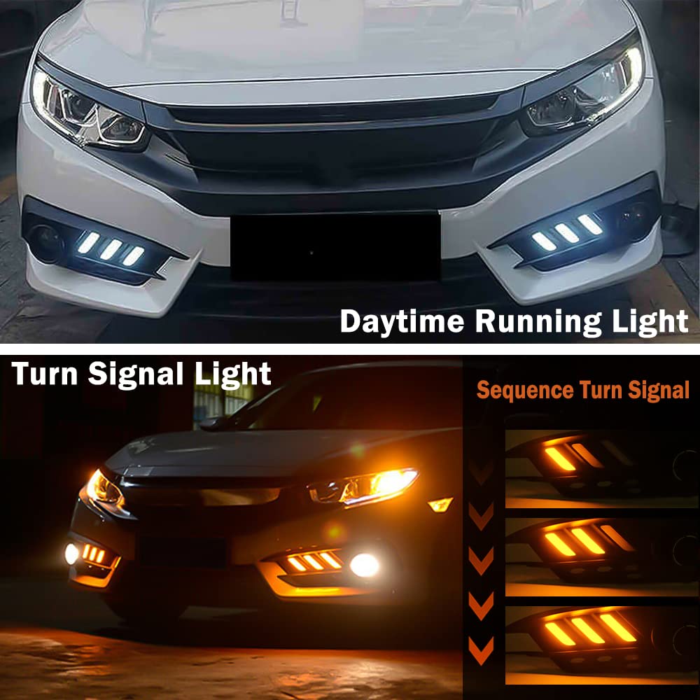 2016-2018 Honda Civic LED Fog Lights with Amber Turn Signal - DRL Daylight Running Lamps Replacement Kit with Bezel (HDCV16) | Perfect for Night Driving & Enhanced Visibility