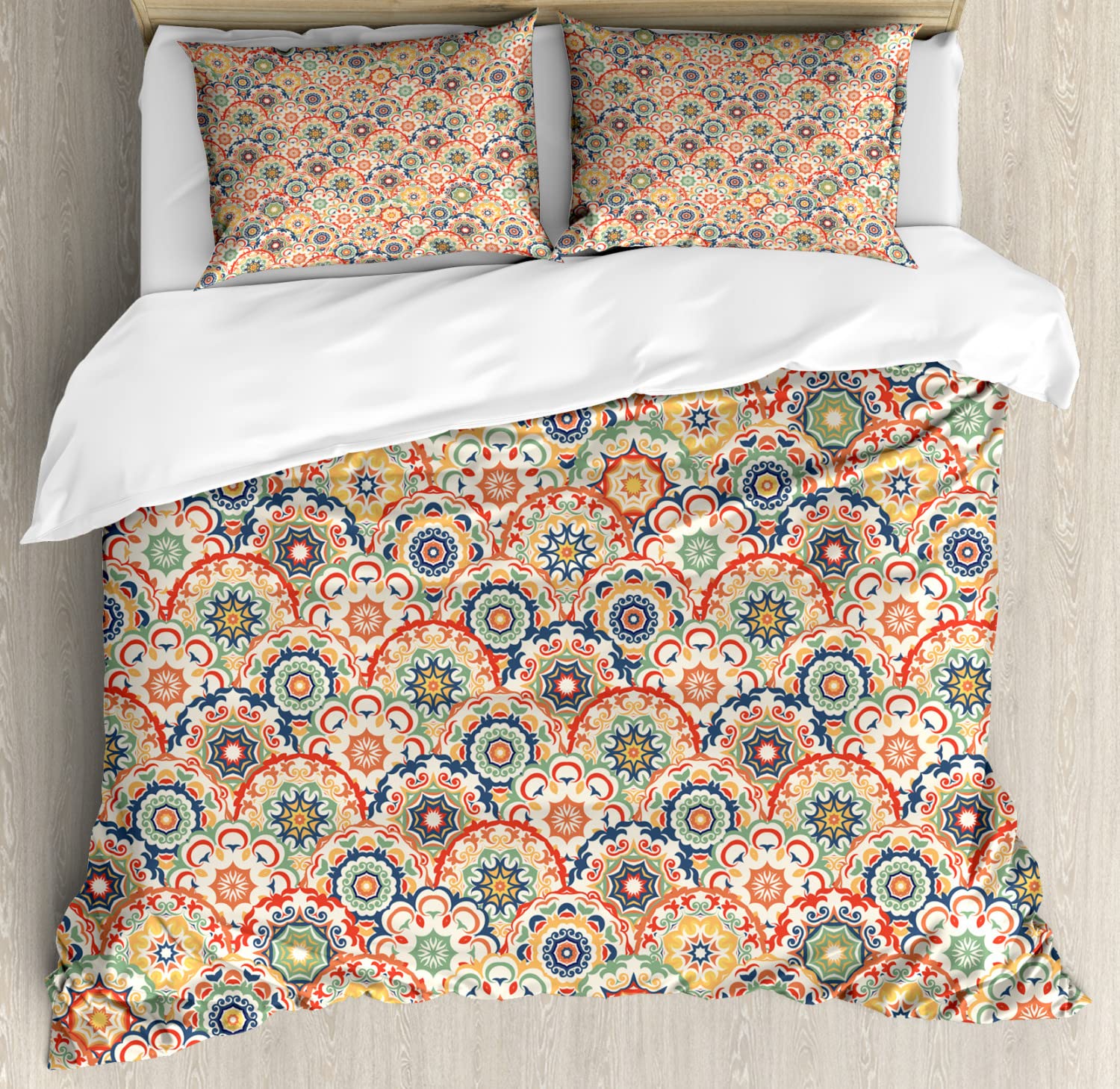 Ambesonne Geometric Duvet Cover Set - Queen Size 2-Pack with 4 Pillowcases, Oriental Floral Pattern in Traditional Textured Design, Multicolor Bedding for Master Bedroom & Guest Room Decor