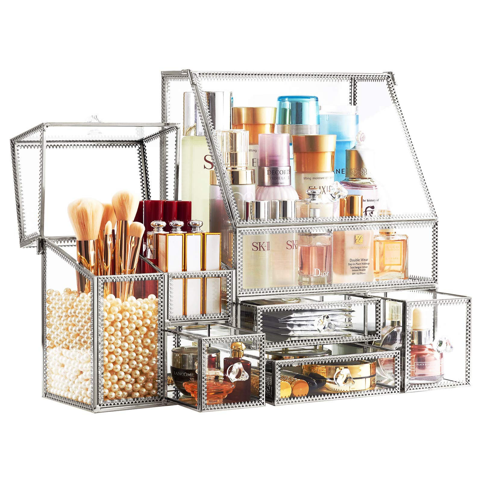 3-Piece Stackable Glass Makeup Organizer Set - Antique Vanity Cosmetic Storage Box with Mirror for Brushes, Lipsticks & Skincare | Countertop Beauty Display & Toner Holder (Includes Free Pearl, Silver) - Perfect for Bedroom Vanity, Bathroom Counter & Dressing Table Organization