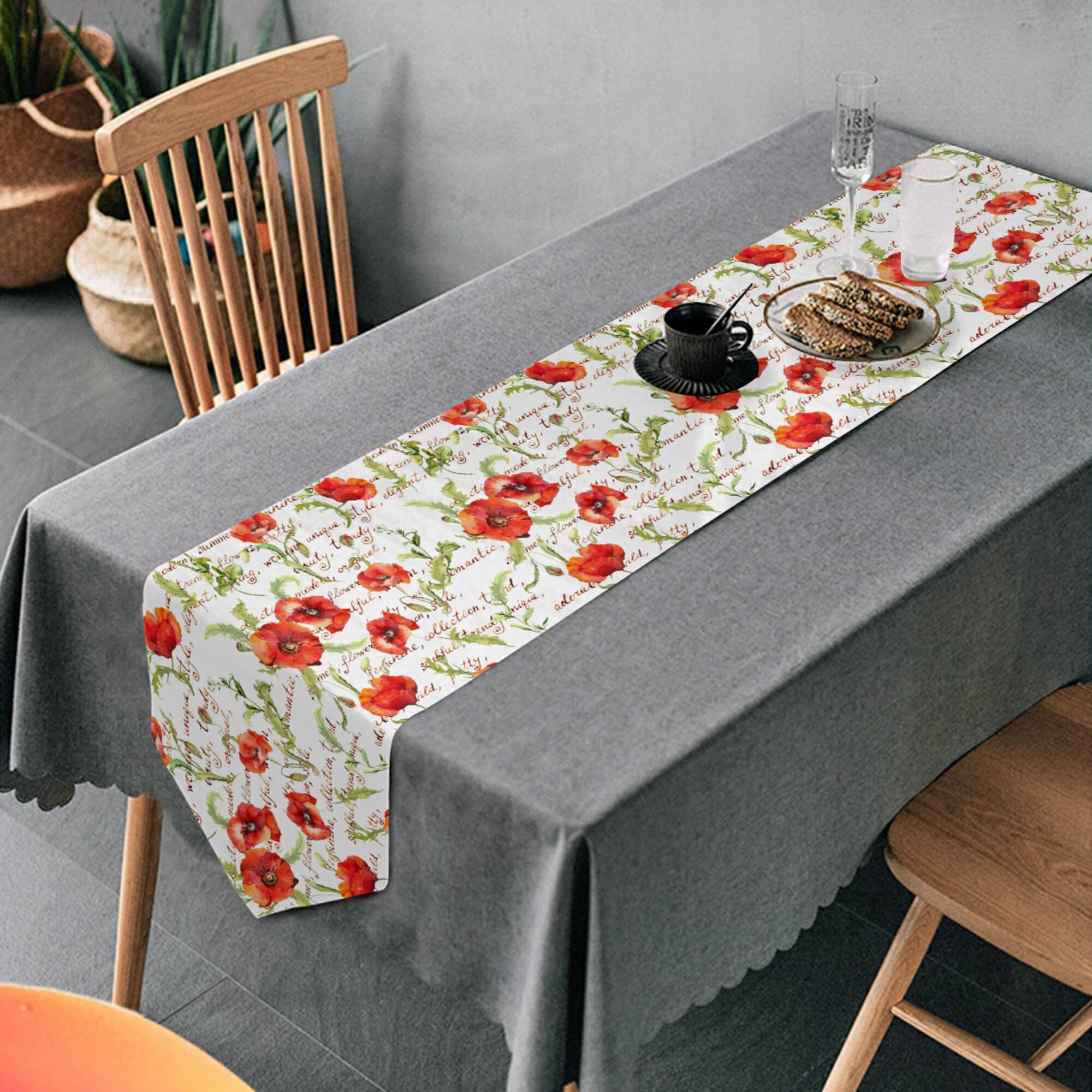 Vintage Floral Poppy Table Runner with Letters - 90 Inch Long Farmhouse Dining Decor for Wedding, Kitchen & Coffee Table | Perfect for Rustic Home Decor & Special Occasions