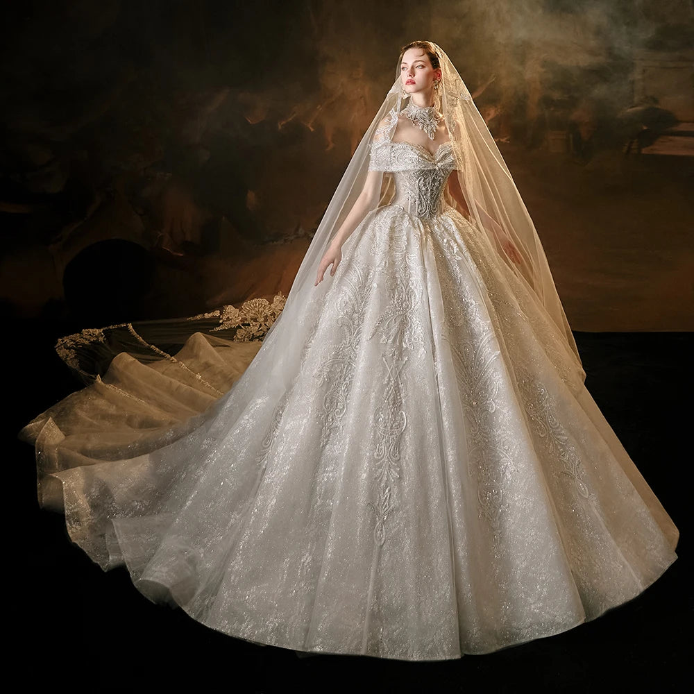 Elegant Princess Wedding Dress with Sequins & Beading - Sweetheart Neckline, Short Sleeves & Lace-Up Back | Perfect for Bridal Showers, Vow Renewals & Fairy Tale Weddings