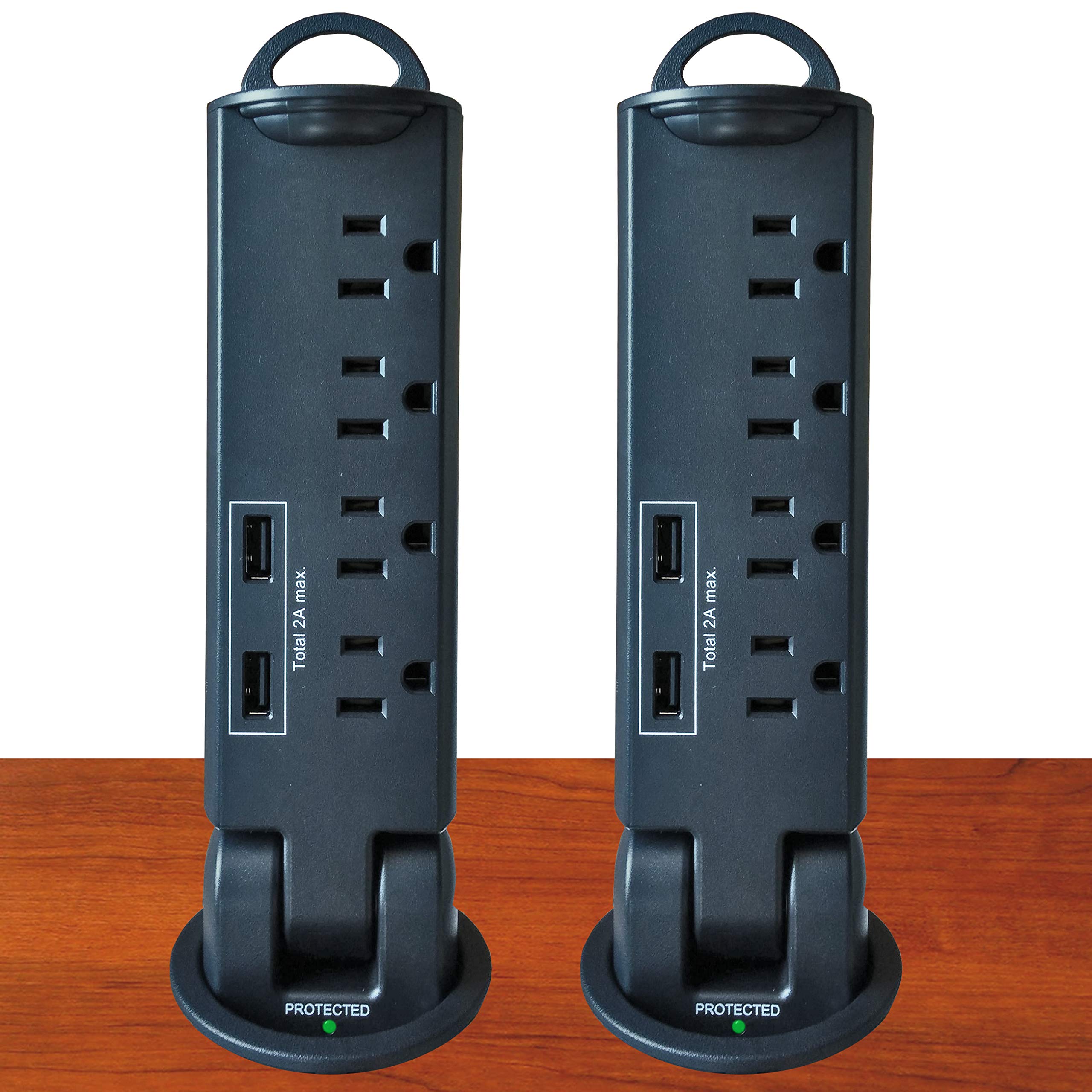 Electriduct 2-Pack Black Desktop Pull-Up PowerTap Grommet with Surge Protector & 2.4A USB Charger - Cable Management Solution for Home Office, Workstation & Gaming Setup