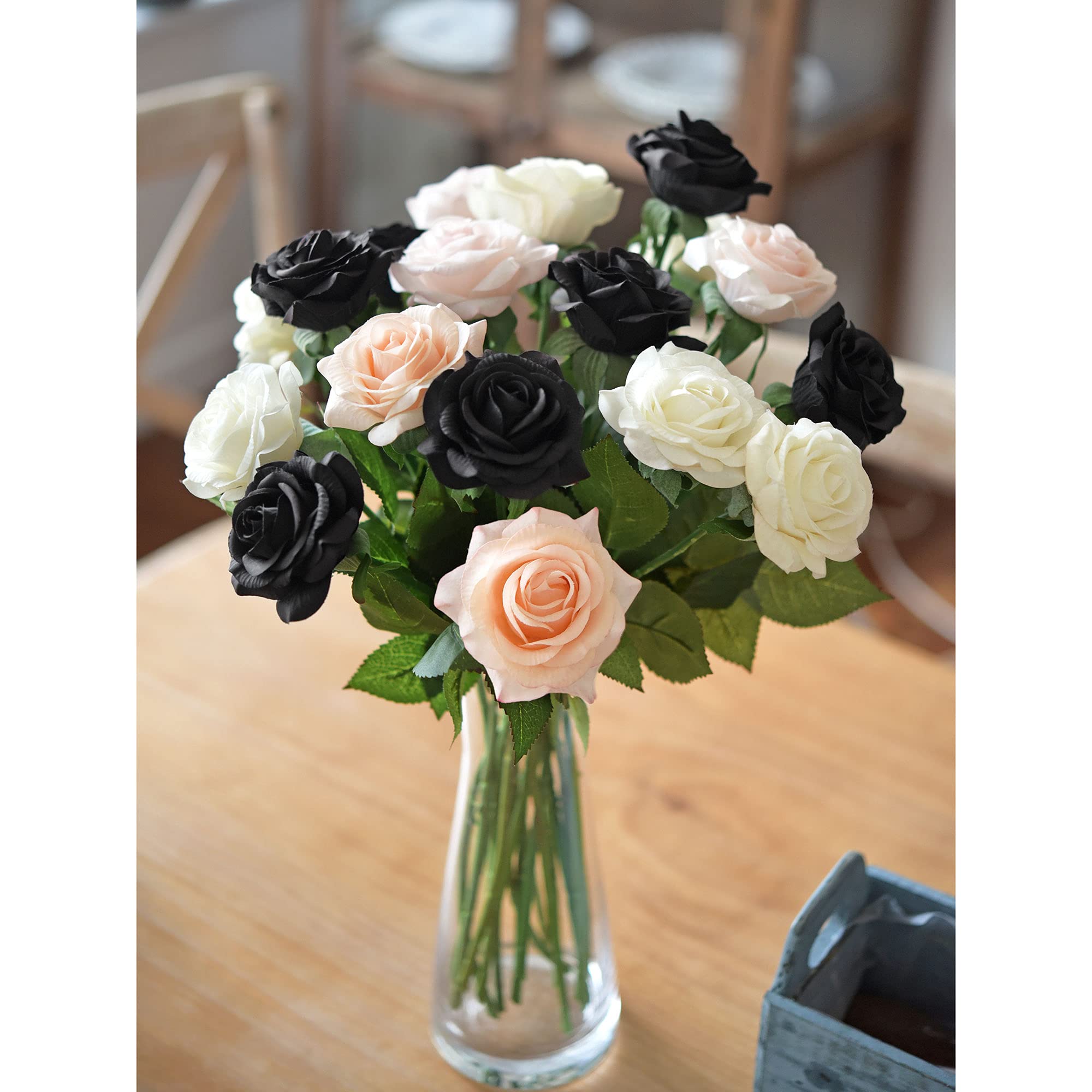 12 Stems Real Touch Silk Artificial Black Roses - Fake Wedding Flowers for Bouquets, Centerpieces, Home Decor, and Event Decoration