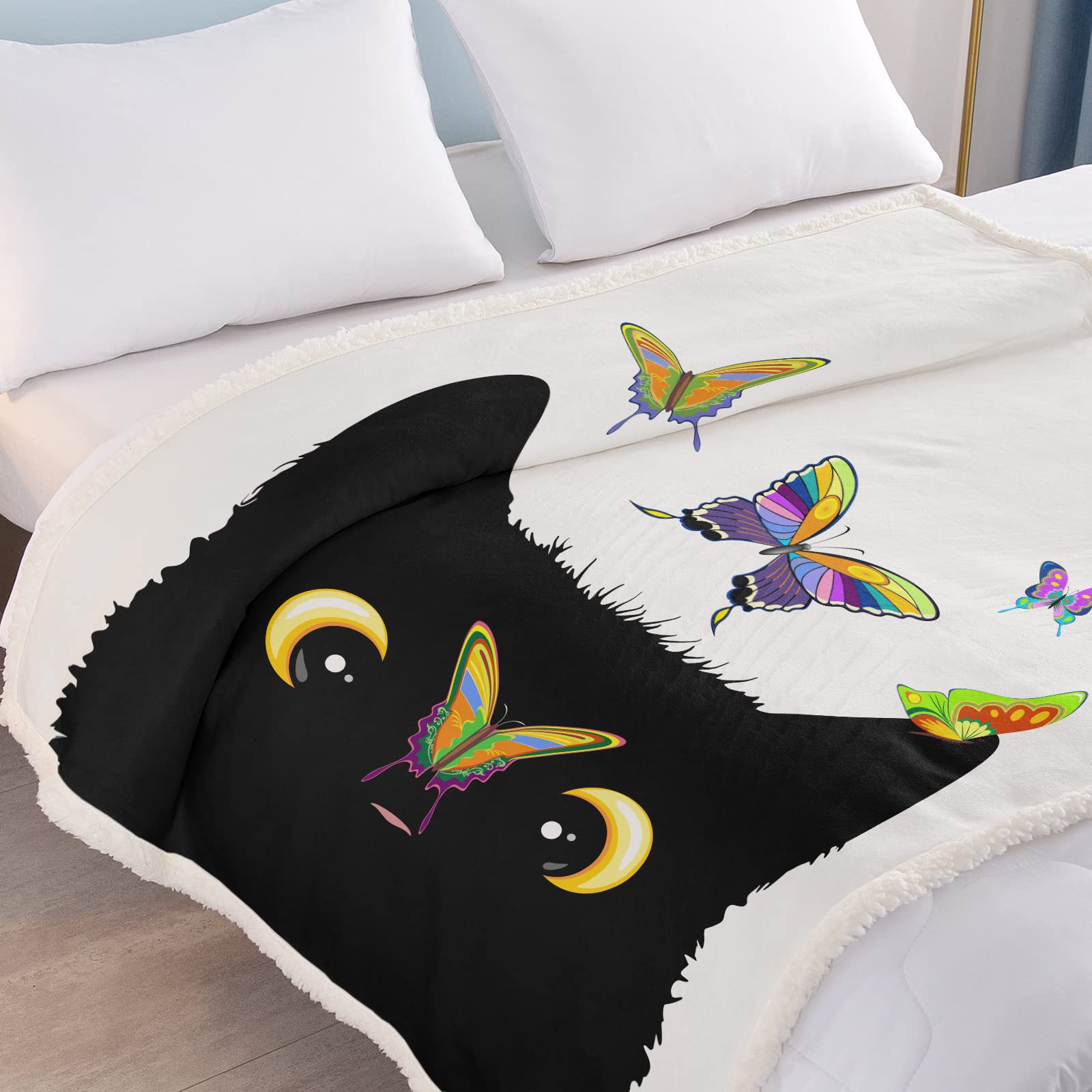 SOULZZZ Cozy Sherpa Cat Blanket for Women - Soft Plush Kawaii Kitten Throw Blanket 80x60 Inches - Perfect Valentine's Day Gift for Cat Lovers (Black) | Great for Cuddling, Bedroom Decor & Gift Giving