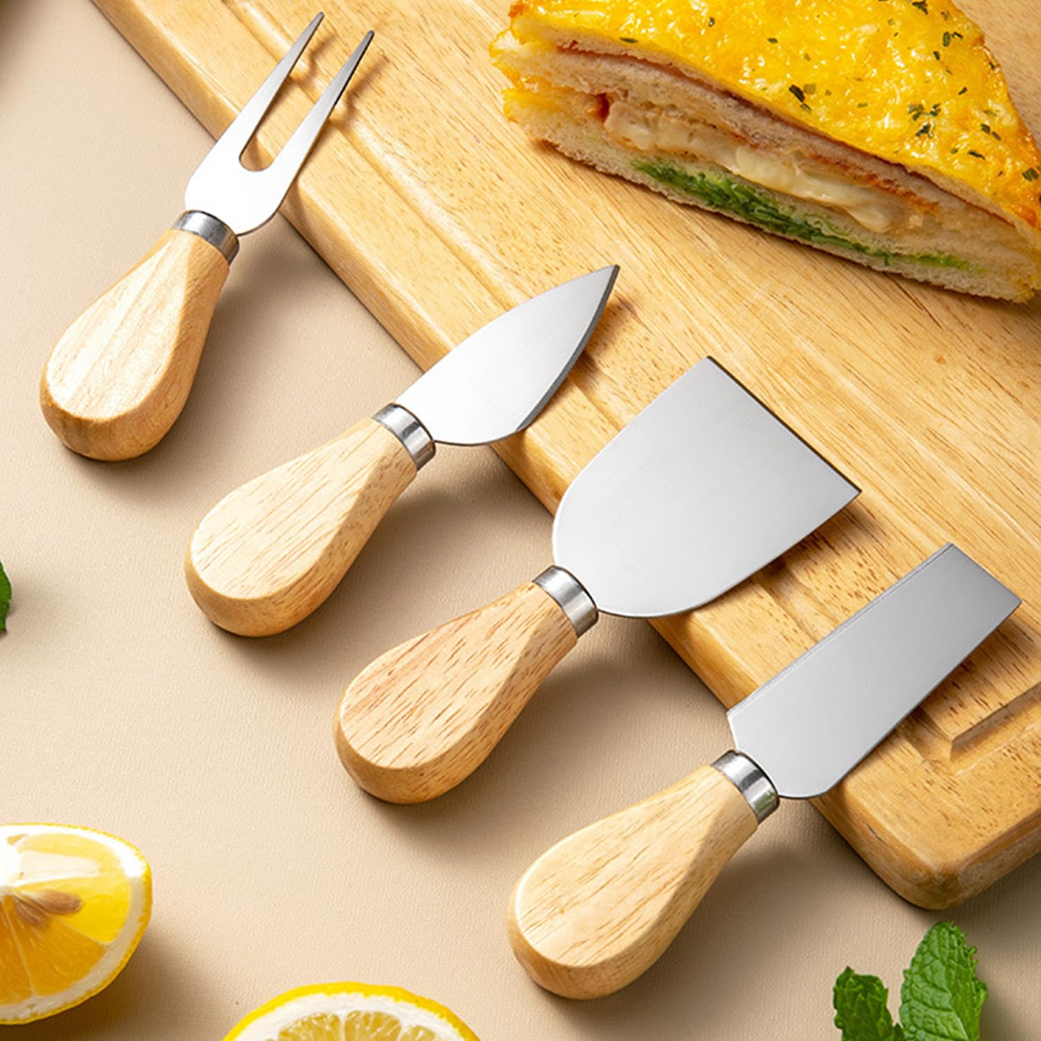 4-Piece Cheese Knife Set with Wooden Handle - Stainless Steel Cheese Slicer, Fork & Spreader - Perfect for Cheese, Butter, Pizza & Cake Cutting - Ideal Gift for Cheese Lovers & Kitchen Use