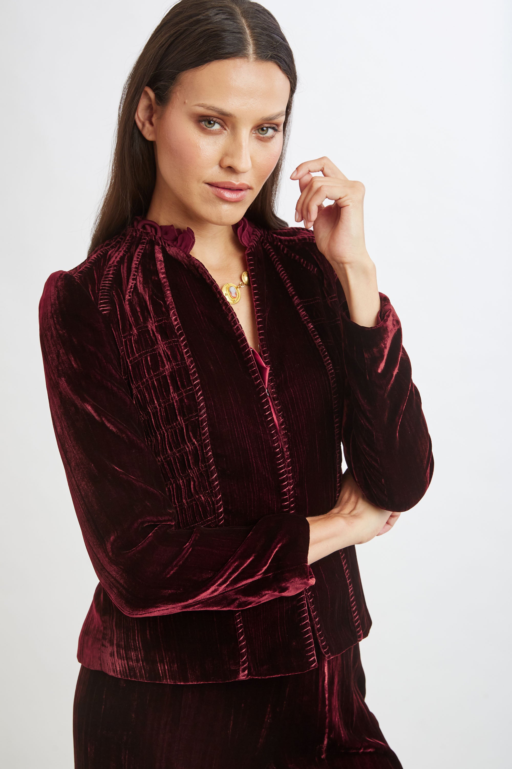 Plisse Velvet Embroidered Jacket for Women - Elegant Velvet Blazer with Embroidery Details - Perfect for Parties, Weddings & Special Occasions