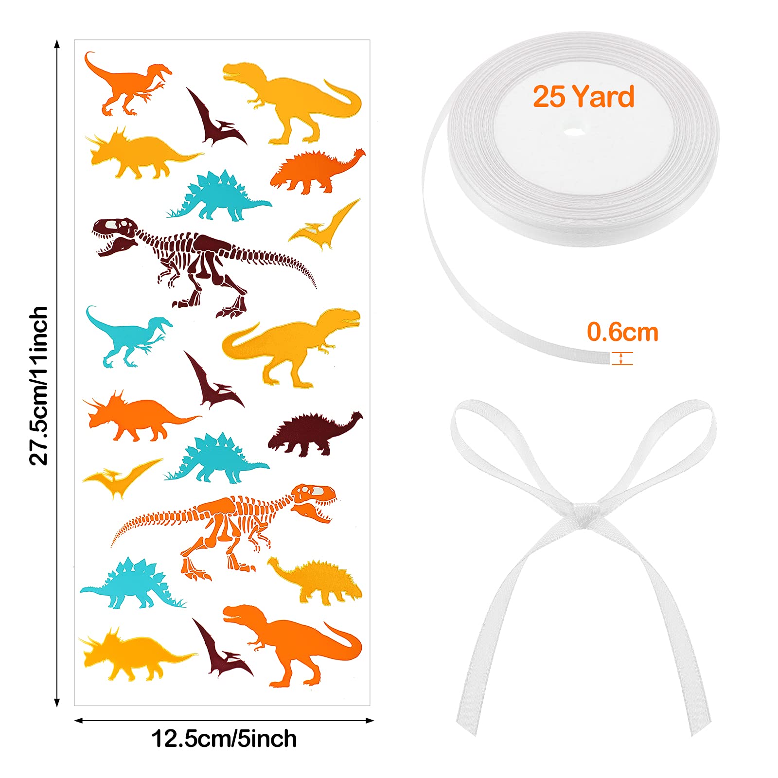 100-Pack Clear Dinosaur Cellophane Bags with White Ribbon - Dinosaur Skeleton Party Favor Bags for Candy, Cookies, Snacks - Perfect for Birthday Parties, Baby Showers & Themed Events