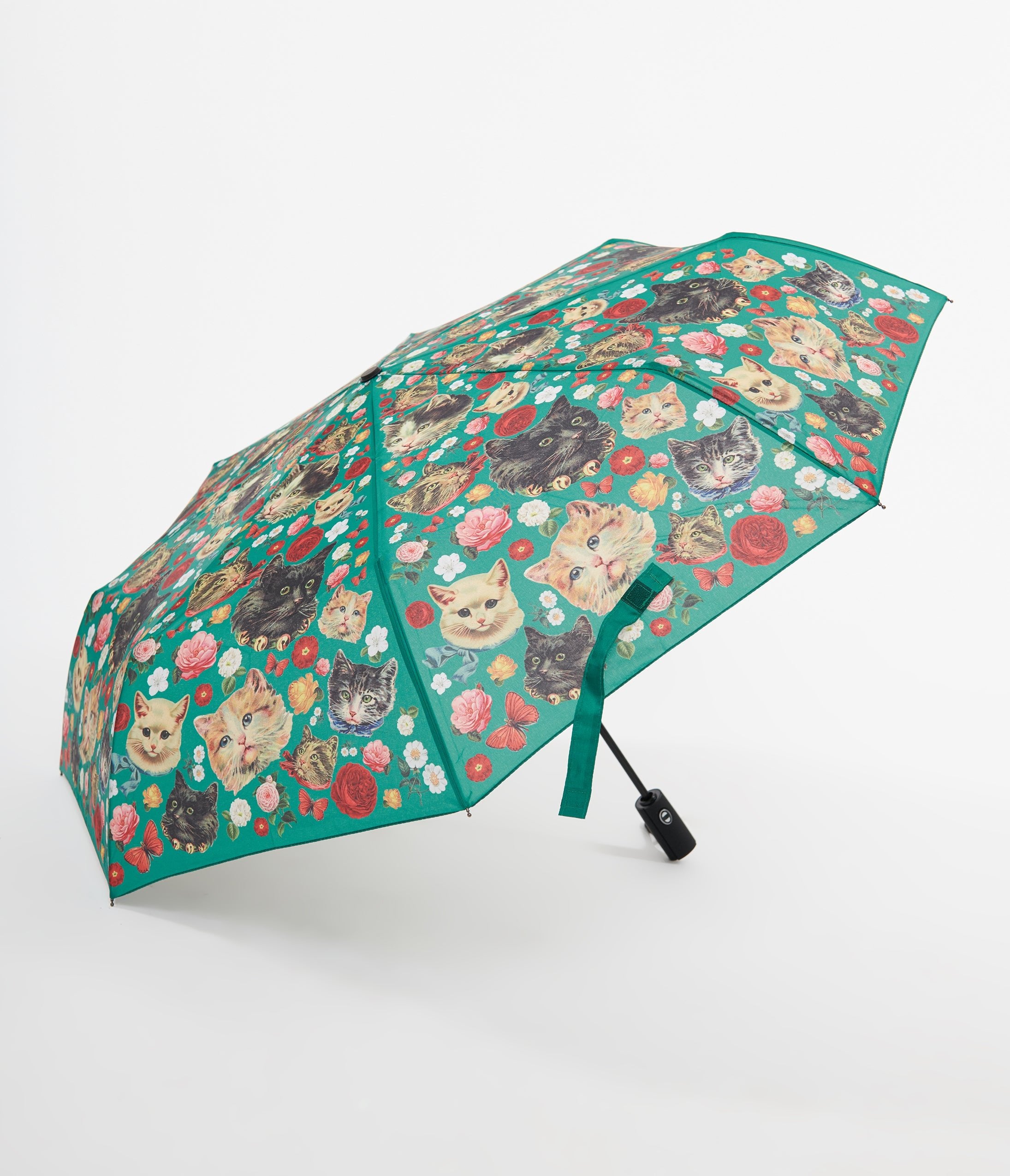 Stylish Green Cat Print Umbrella - Waterproof Compact Folding Umbrella with Cute Kitty Design | Perfect for Rainy Days, Outdoor Activities & Fashion Accessory