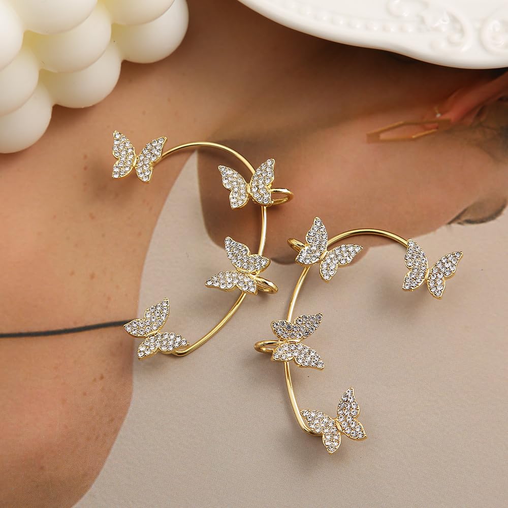 2 Pcs Zircon Butterfly Clip-On Ear Cuffs - No Piercing Rhinestone Ear Wraps for Women & Teens | Stylish Fairy Earrings for Parties, Weddings & Everyday Wear