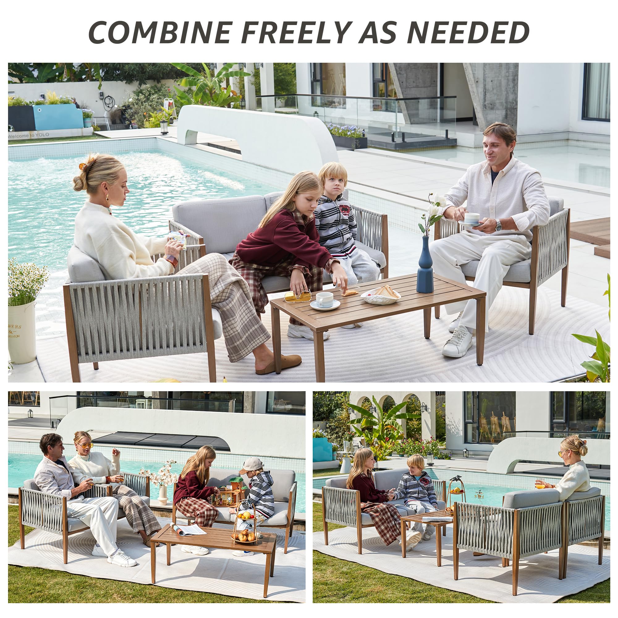 4-Piece Patio Furniture Set - Outdoor Deep Seating Conversation Group with Handwoven Rope & Wood Grain Metal Frame, Olefin Cushions - Perfect for Backyard, Garden, Poolside & Patio Relaxation