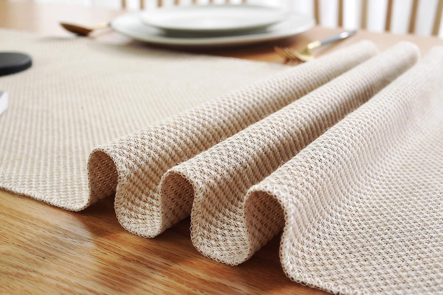 13 x 72 Inch Fall Farmhouse Cotton Linen Table Runner with Handcrafted Tassels - Rustic Jute Burlap Dining Table Decor for Thanksgiving, Christmas, Wedding & Home Decoration - Waffle Weave Design