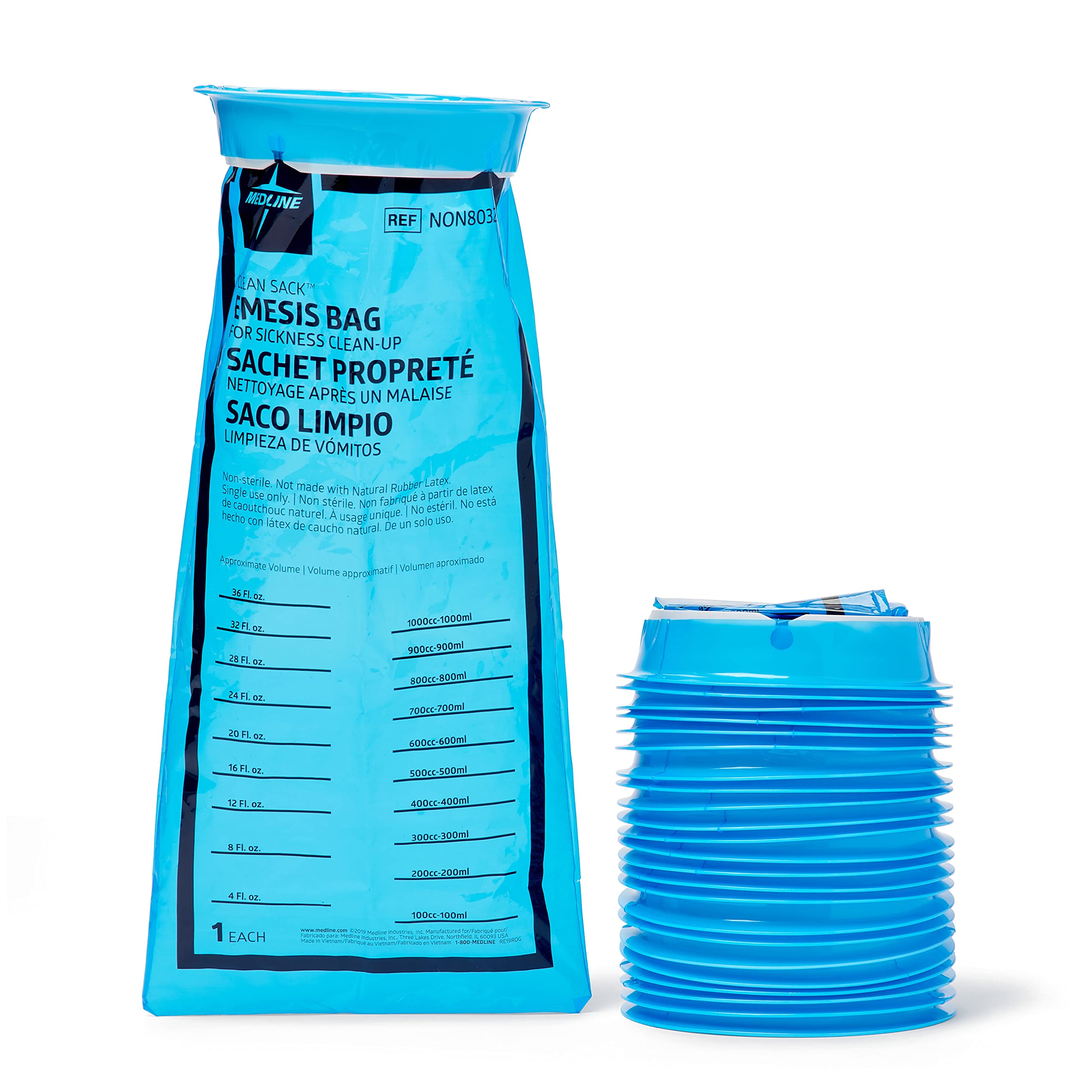 Medline Disposable Blue Emesis Bags with Graduated Markings - 144 Count Case for Motion Sickness, Travel & Medical Use - Perfect for Cars, Boats, Planes & Urgent Care Facilities