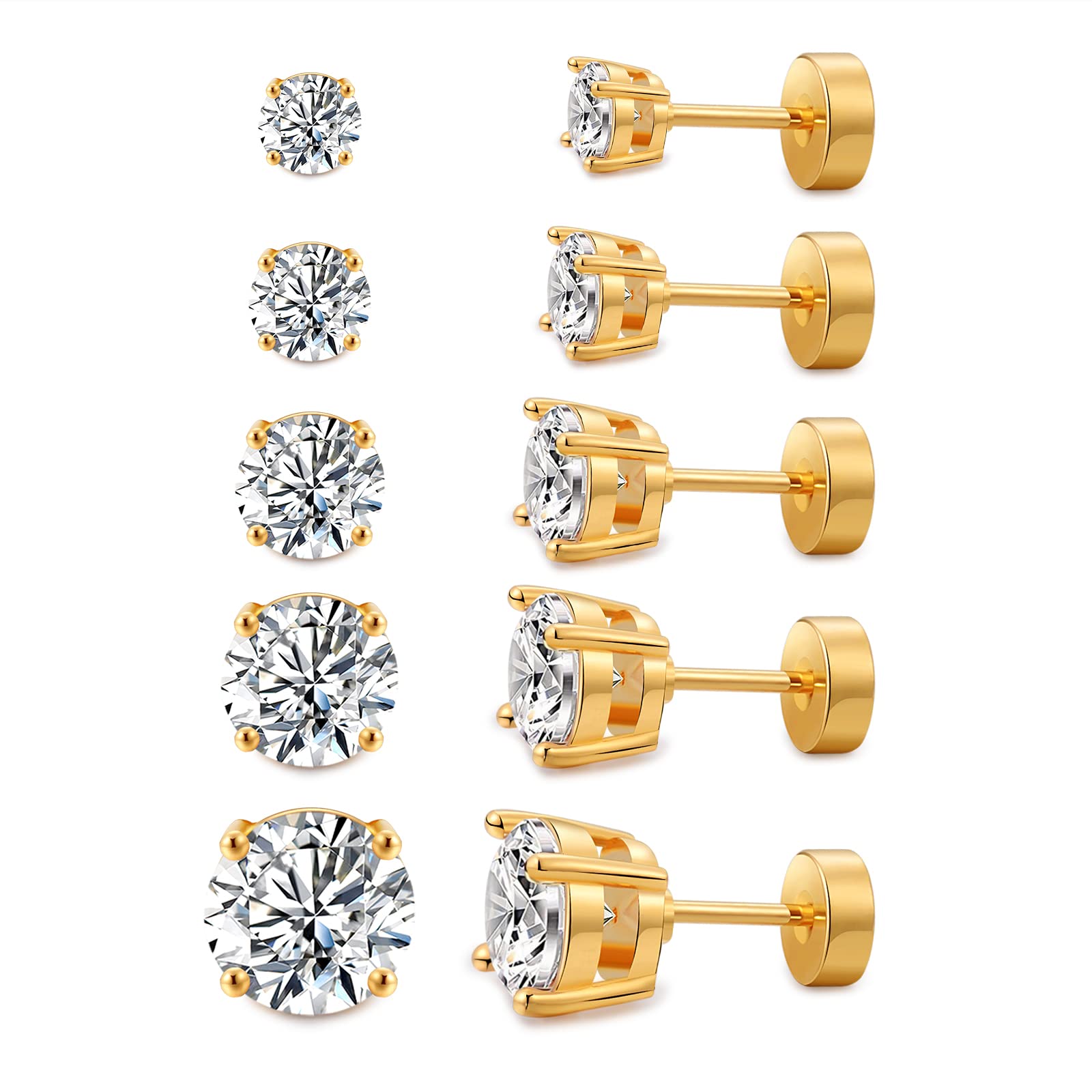Kainier 14K Gold Plated Cubic Zirconia Stud Earrings for Women - 5 Pairs Round Simulated Diamond Earrings Set - Perfect for Daily Wear, Parties & Gift Giving