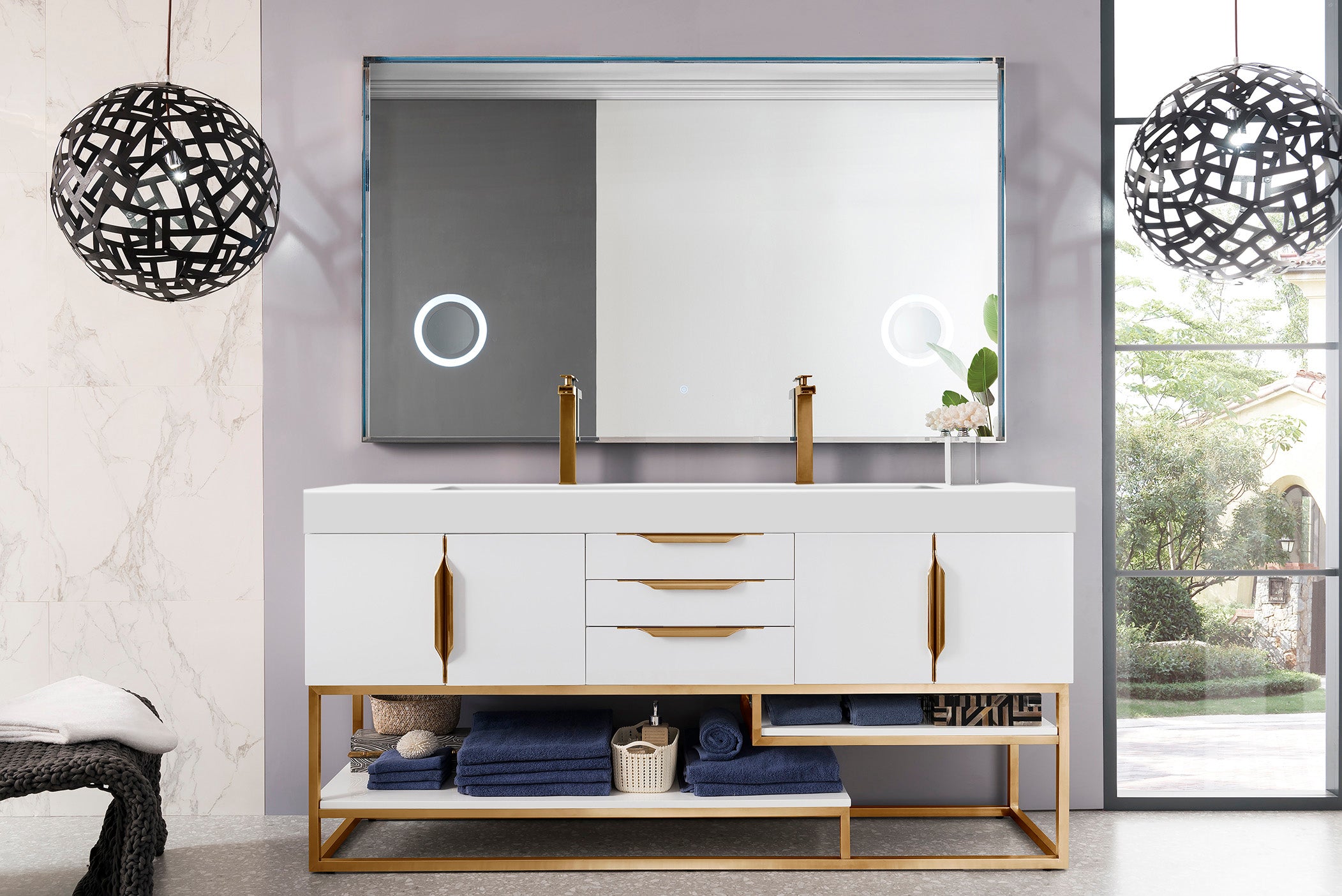Columbia 72 Inch Double Vanity with Glossy White Finish & Radiant Gold Accents - Glossy White Composite Top for Modern Bathroom Renovation | Perfect for Master Bath, Guest Bath & Luxury Home Upgrades