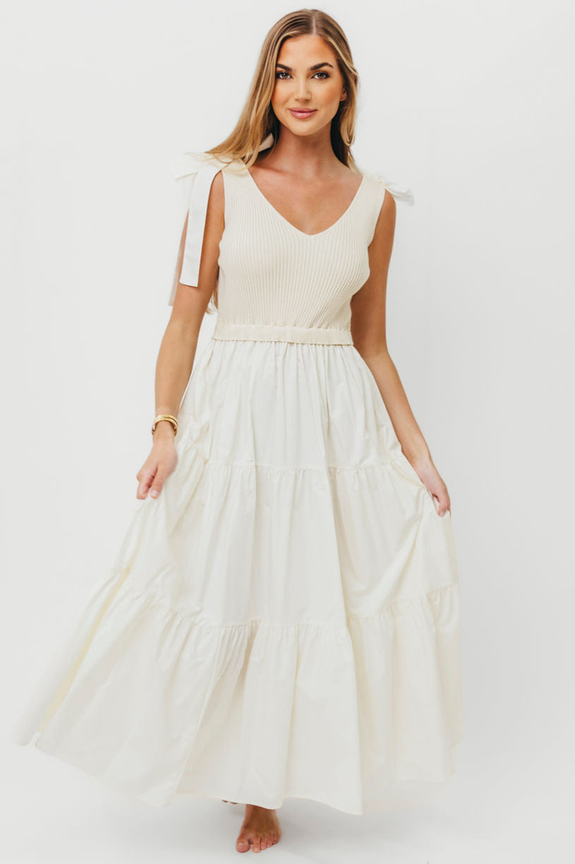 Gretchen 100% Cotton Knitted Sleeveless Tiered Maxi Dress in Cream | Summer Beach Wedding Dress, Boho Chic Maternity Dress, Casual Sundress for Women