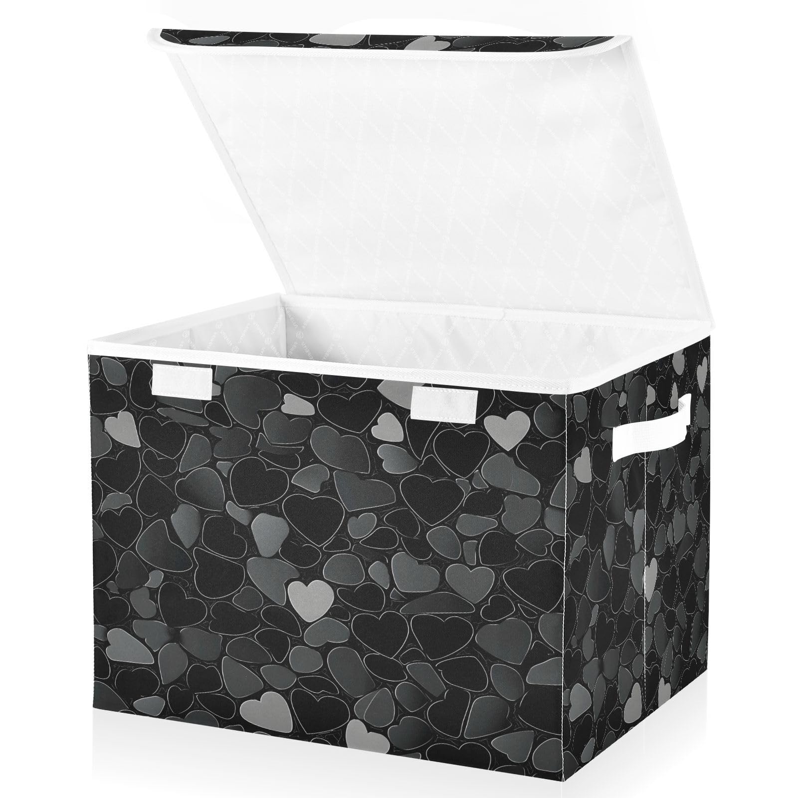 Valentine's Day Storage Baskets - Collapsible Fabric Bins with Lids, Black & Gray Heart Pattern Organizing Boxes for Clothes, Toys & Home Organization | Perfect for Bedroom, Closet & Laundry Room Storage