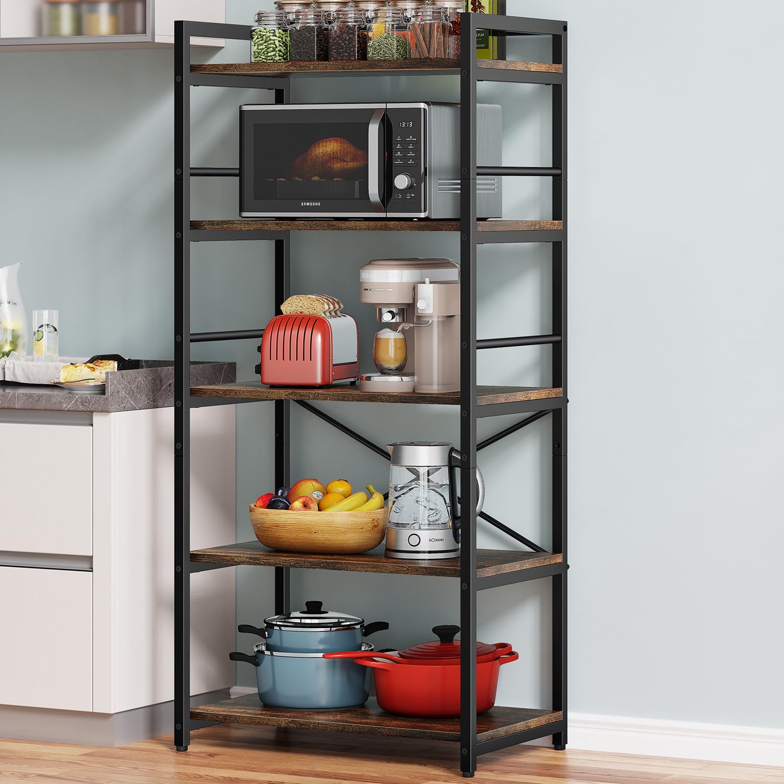 5-Tier Metal Bakers Rack for Kitchen Storage - Industrial Microwave Stand, Coffee Bar Organizer, Space-Saving Kitchen Shelf (23.6