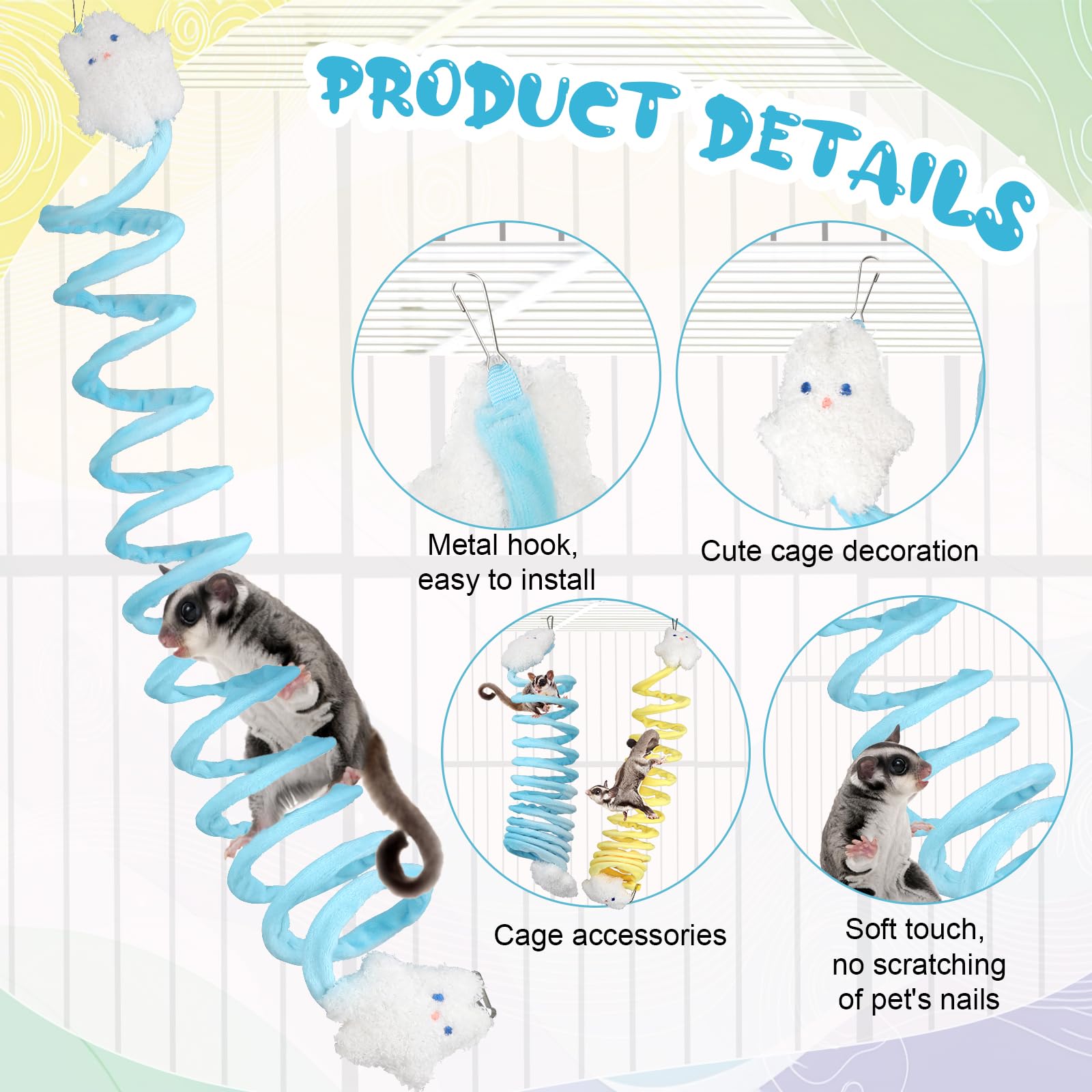 2 Pack Sugar Glider Climbing Toys - Soft Elastic Rat Climbing Mats with Mini Dolls for Small Pets | Cage Enrichment Accessories for Sugar Gliders, Hamsters, Squirrels & Guinea Pigs | Perfect for Playtime & Exercise in Small Animal Habitats
