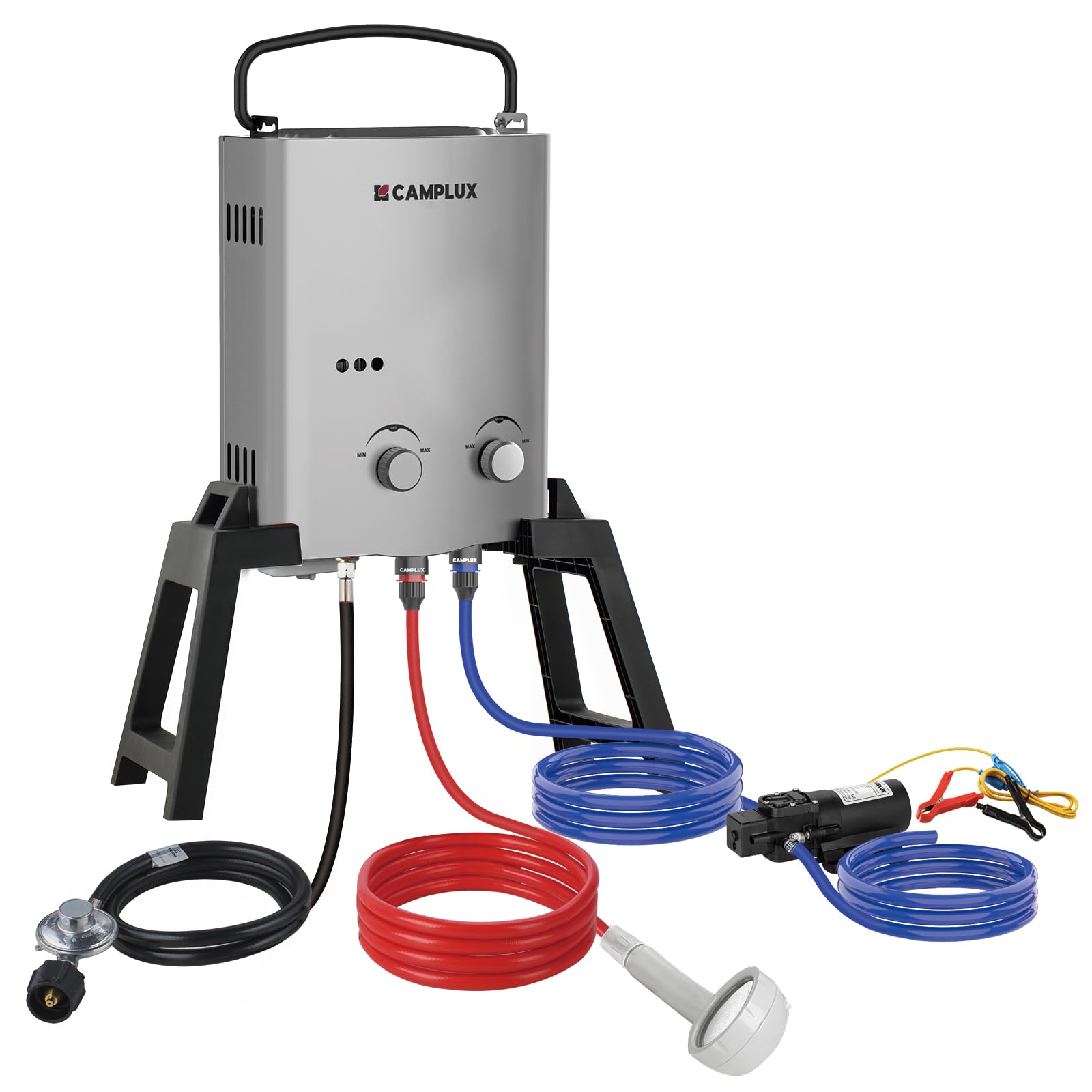 CAMPLUX 1.32 GPM Portable Outdoor Tankless Propane Water Heater - Instant Hot Shower for Camping, RV, Off-Grid Living - Includes Freestanding Stand & Carry Bag (AY132GMax, Gray) - Perfect for Backpacking, Hunting Trips and Emergency Preparedness