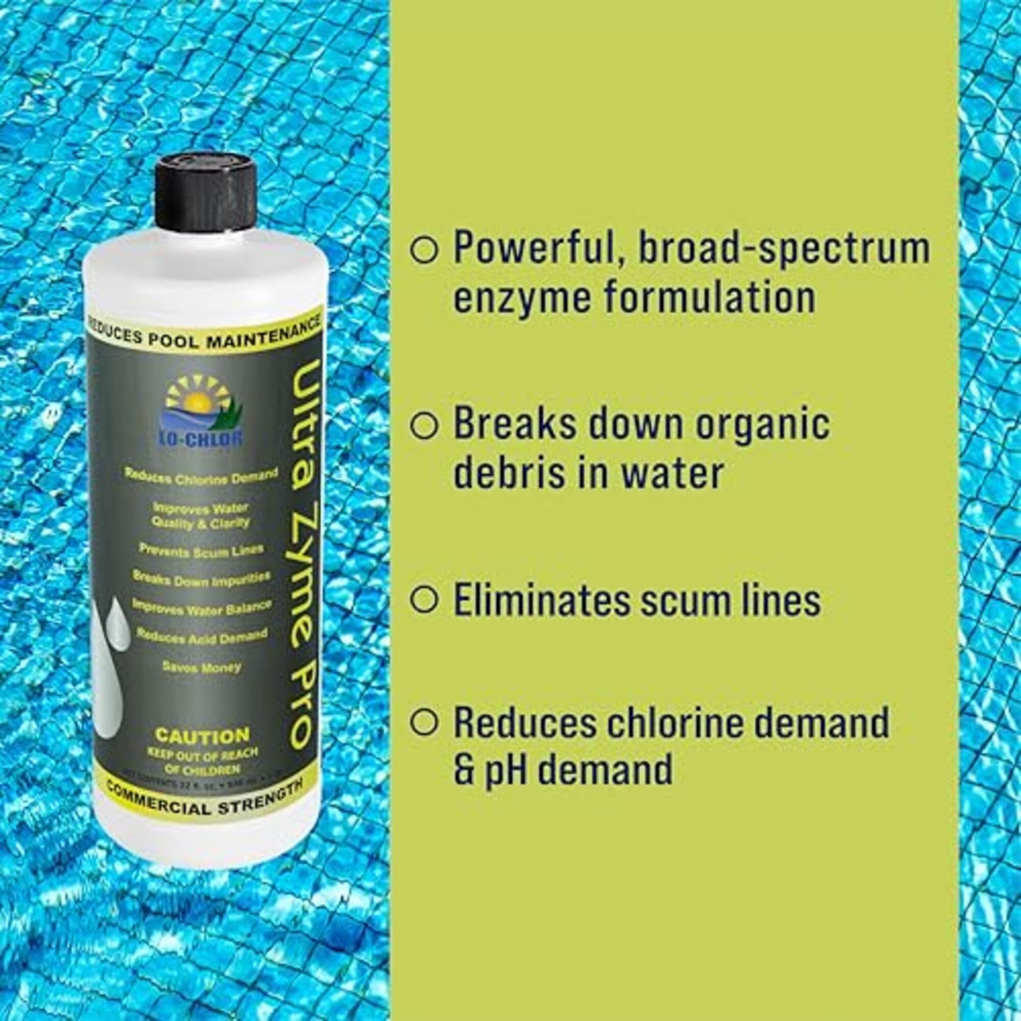 Ultra Zyme Pro Pool Enzyme Treatment - Powerful Swimming Pool Enzymes to Eliminate Scum Lines, Reduce Chlorine Demand 30-50%, Improve Water Clarity (32 Oz) for Crystal Clear Pools & Spas