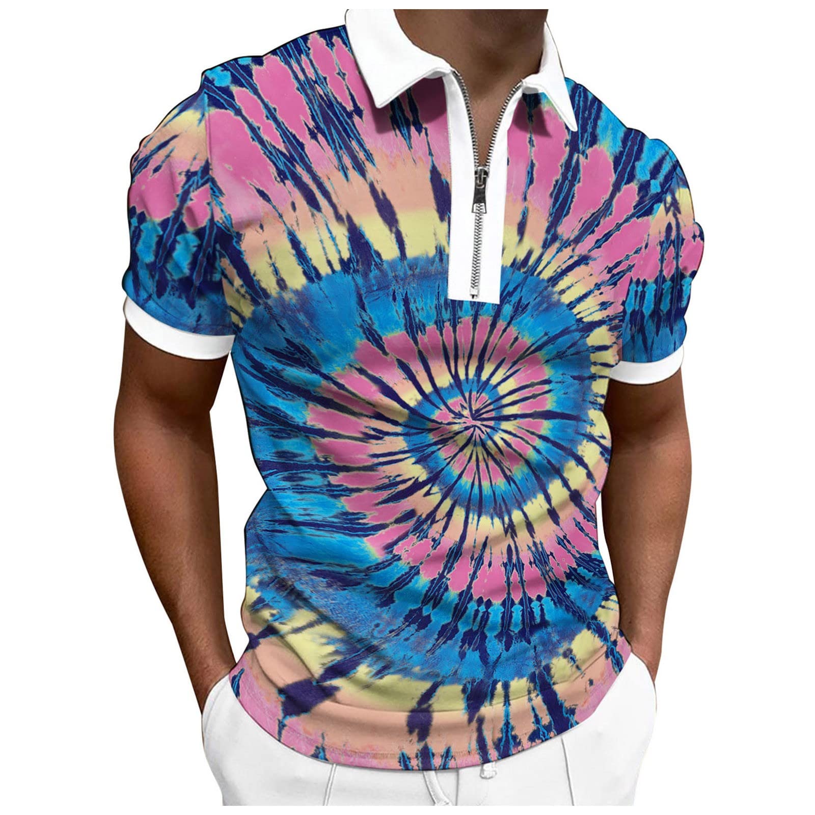 Men's Short Sleeve Zipper Polo Shirts - Casual & Golf Shirts with Floral Collar, Regular Fit | Perfect for Golfing, Office Wear & Summer Outfits