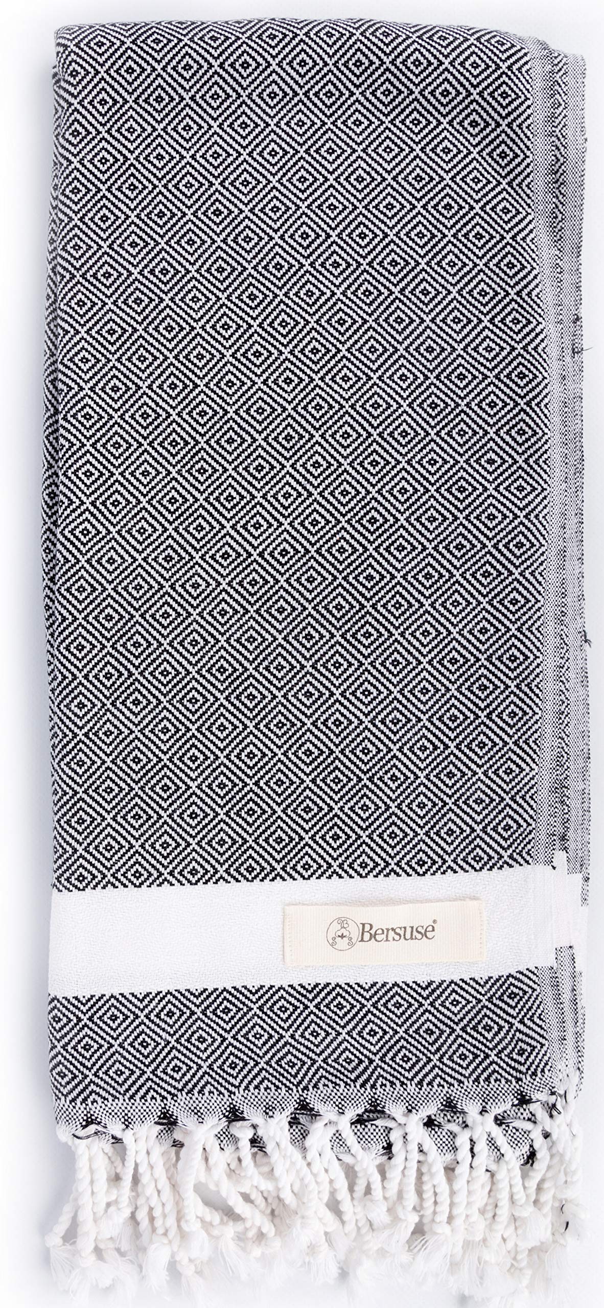 Bersuse 100% Cotton Turkish Bath Towel - Ultra Absorbent, Quick Dry, Lightweight - 37x70 Inches (Set of 3) - Perfect for Beach, Pool, Spa, Travel & Gym - Black