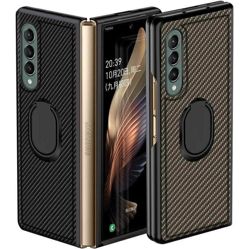 Premium Carbon Fiber Texture Ring Stand Case for Samsung Galaxy Z Fold 3 5G - Protective Cover with Kickstand for Hands-Free Viewing & Secure Grip
