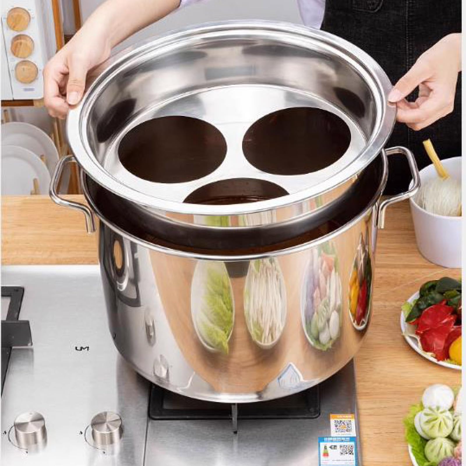 Stainless Steel 3/4/5 Hole Pasta Cookware Set with Strainer & Lid - 35cm Pasta Pot for Home & Commercial Kitchen - Perfect for Cooking, Steaming & Stockpot Use