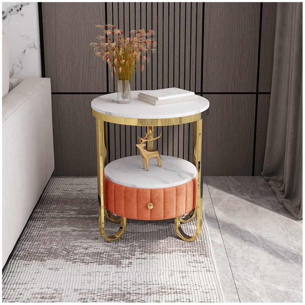 Gold Metal Frame Bedside Table with Drawers - Round Nightstand for Small Spaces, Sofa Side Table & Living Room End Table | Modern Orange Bedroom Furniture for Compact Spaces, Dorm Rooms & Apartment Decor