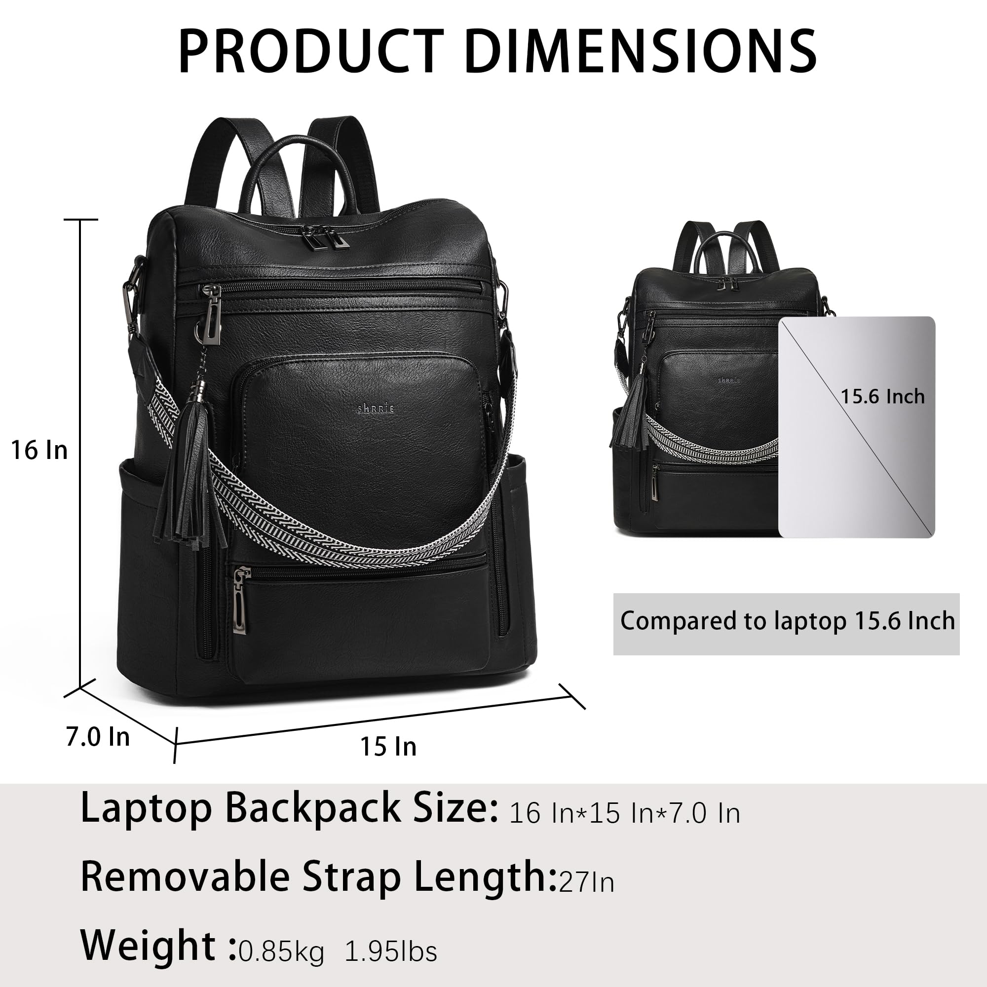Shrrie Vegan Leather Laptop Backpack for Women - 15.6 Inch Waterproof Work Backpack with USB Charging Port, Stylish College Travel Backpack Purse for Business, Commuting & Daily Use
