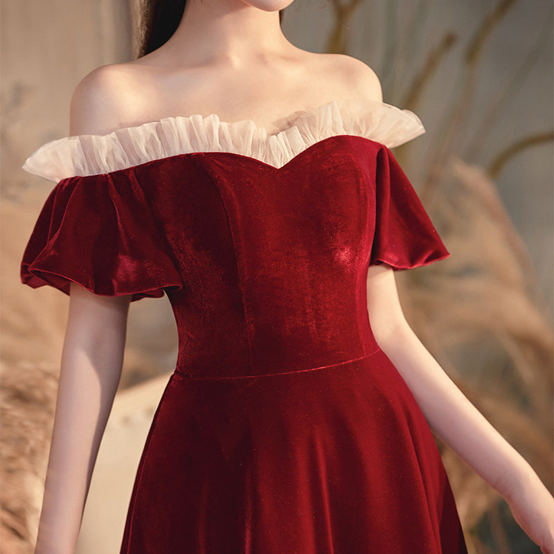 Burgundy Off Shoulder Long Prom Dress - A-Line Velvet Evening Gown for Homecoming, Wedding & Formal Events | Style 566